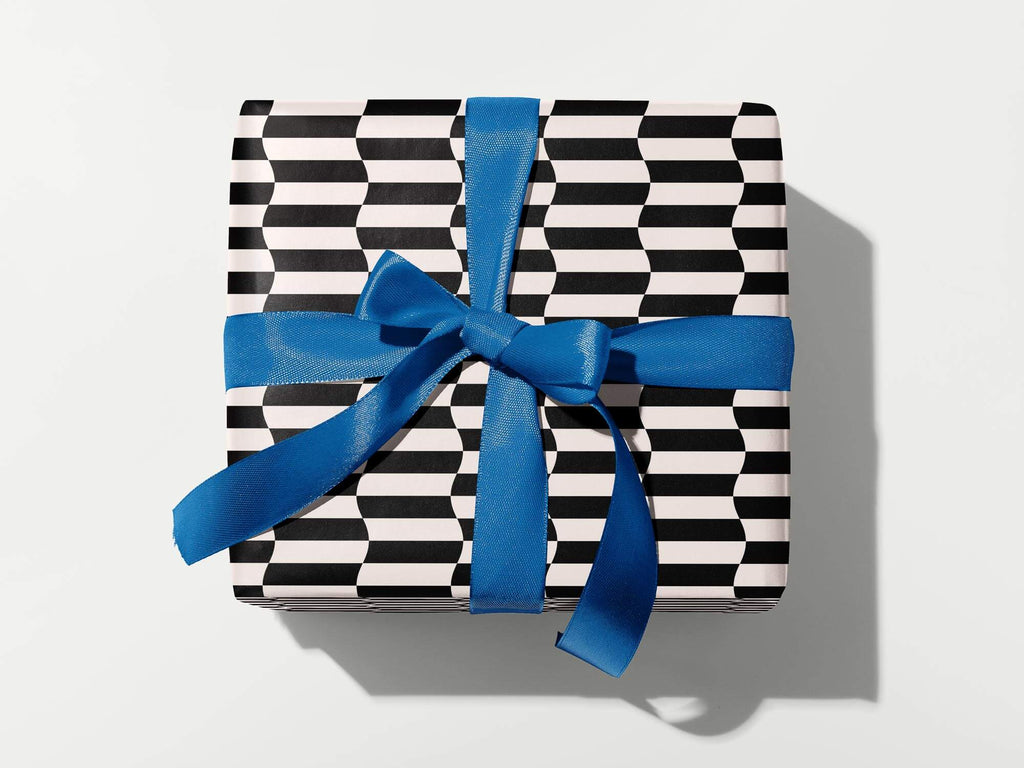 Striple Double black and white wavy checkerboard pattern wrapping paper. Colorful, modern, gift wrapping sheets with fun prints and patterns by @mydarlin_bk. Made in USA.