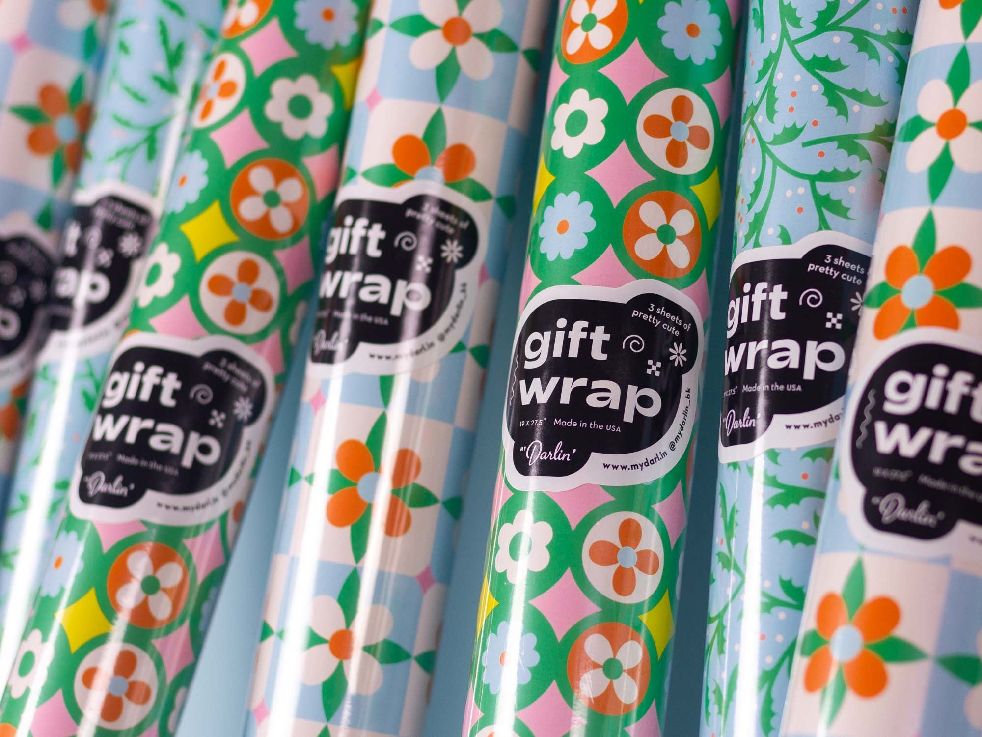 3 sheets of pretty cute gift wrap sticker detail on rolls of retro floral holiday gift wrap. By @mydarlin_bk Made in the USA