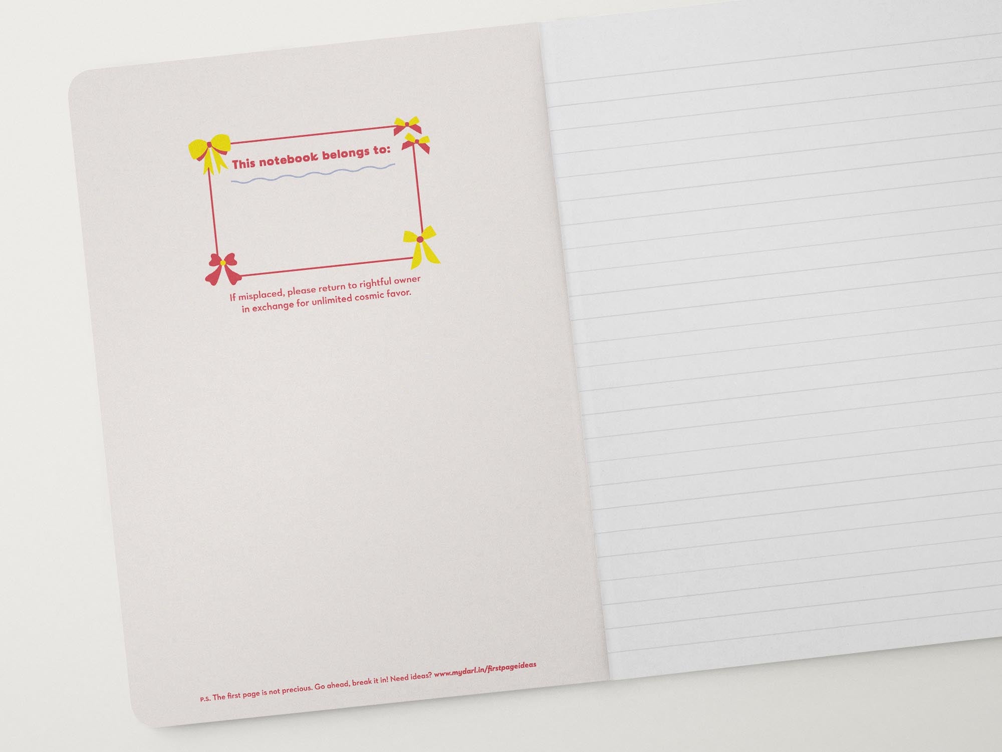 Journal with retro coquette bows illustration around the nameplate border