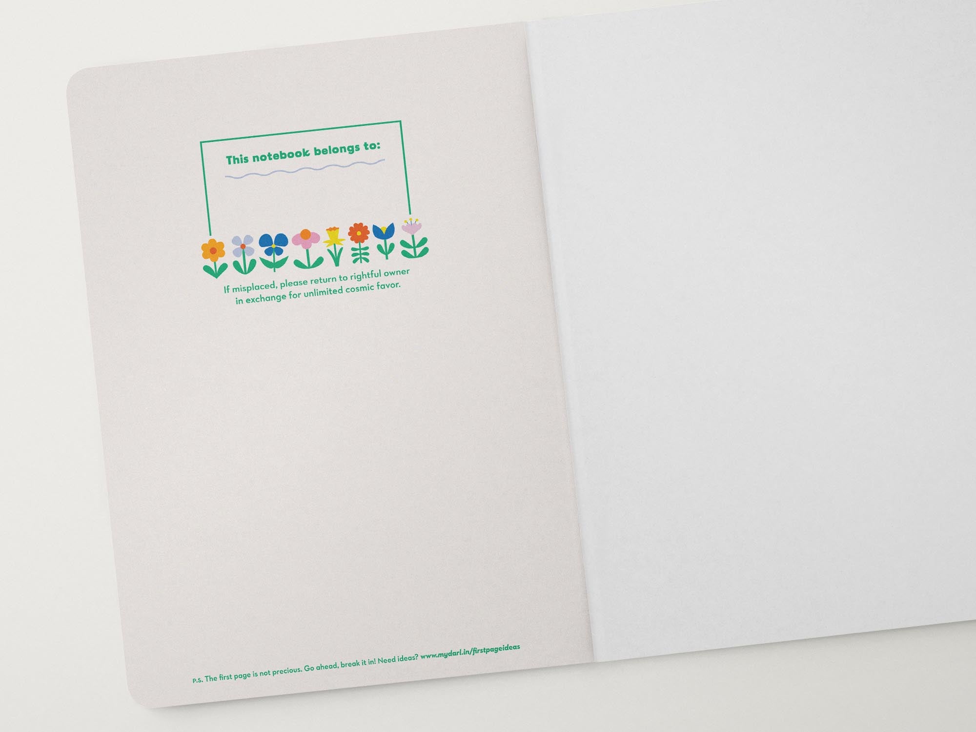 journal inner cover with retro floral border illustrations under the "this notebook belongs to" nameplate
