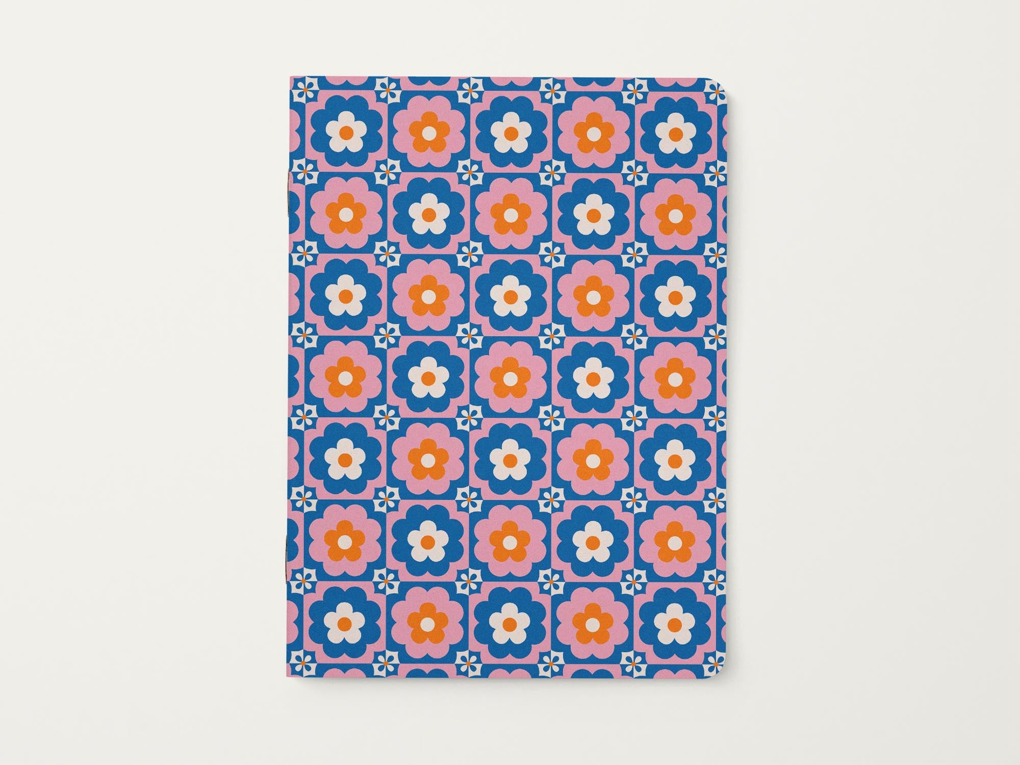 Retro blue, pink, and orange granny square floral checker pattern journal