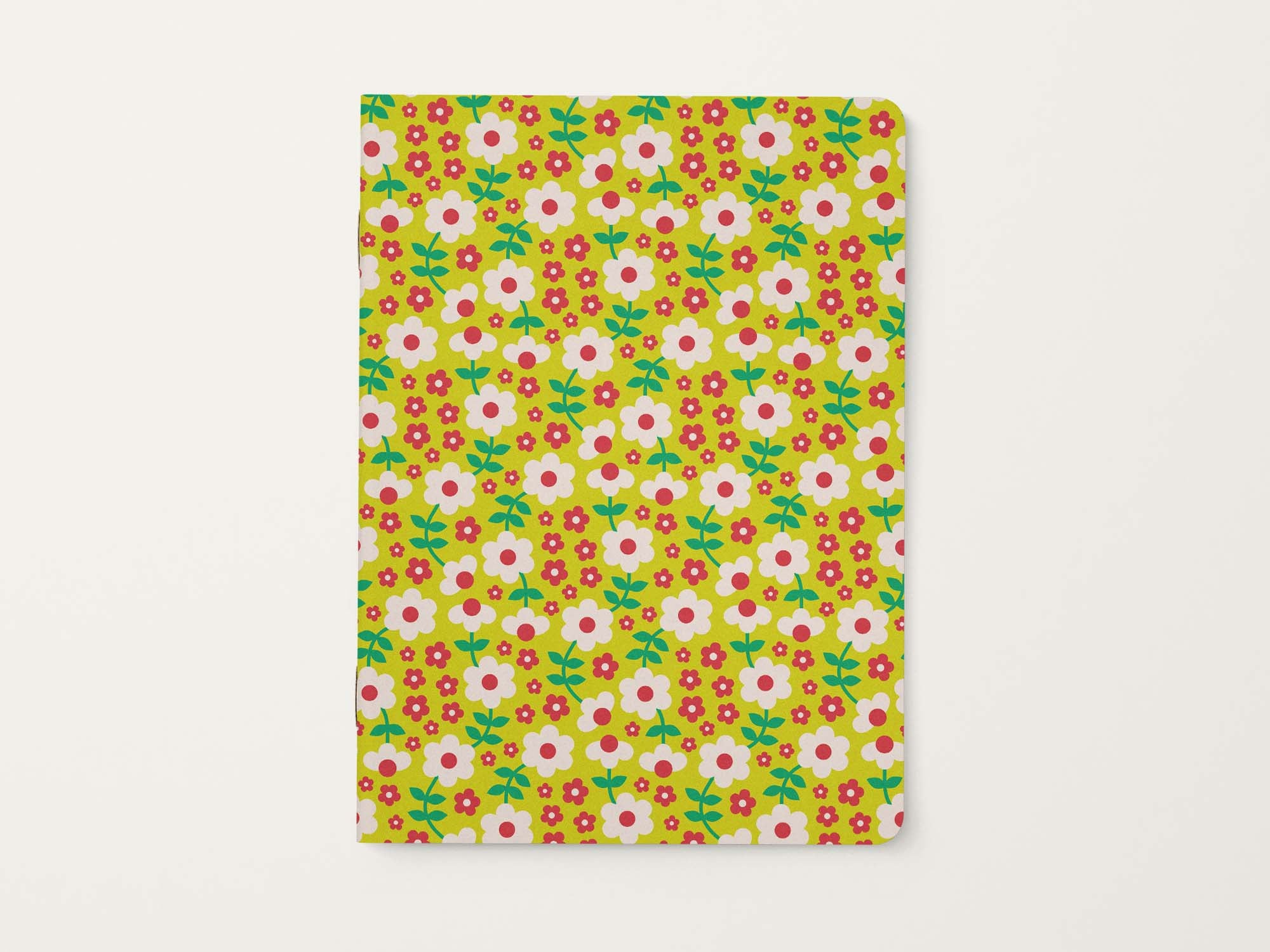 Fall colors white and red retro floral patterned notebook on a yellow background