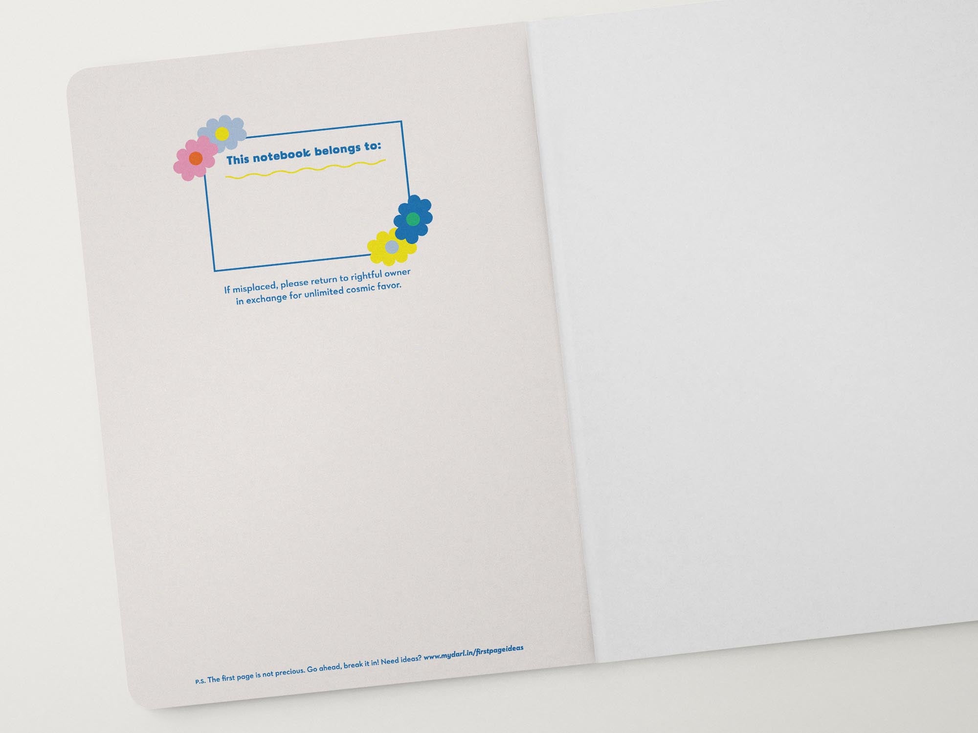 journal inner cover with retro floral border illustrations around the "this notebook belongs to" nameplate
