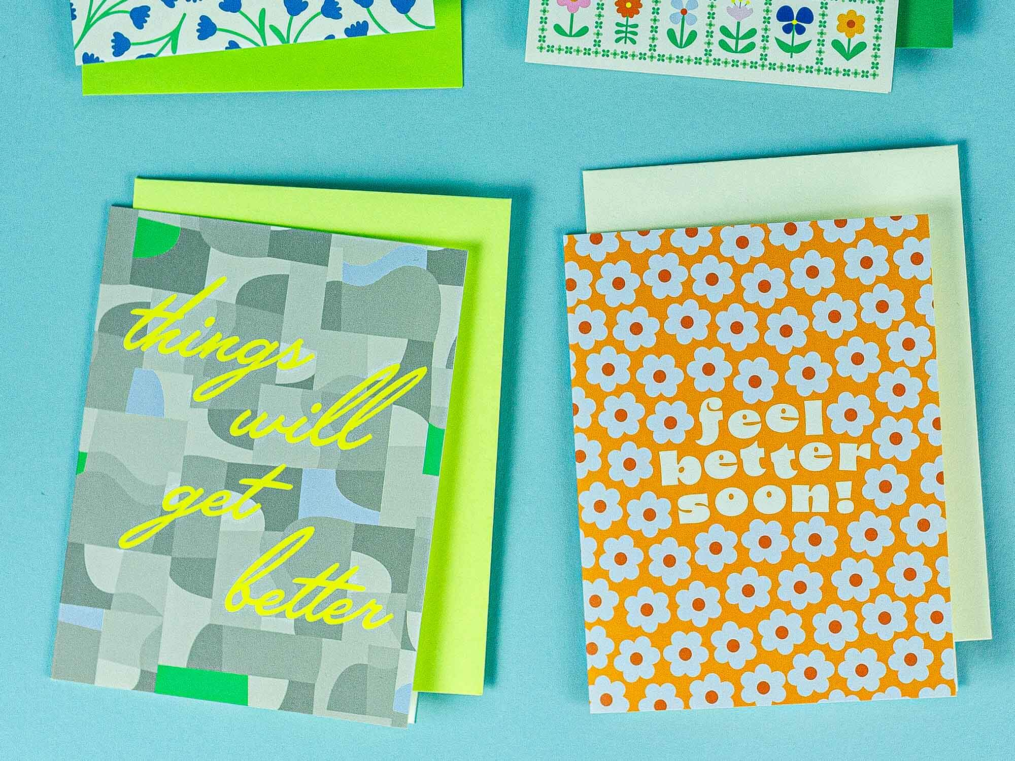 a table topped with different types of greeting cards