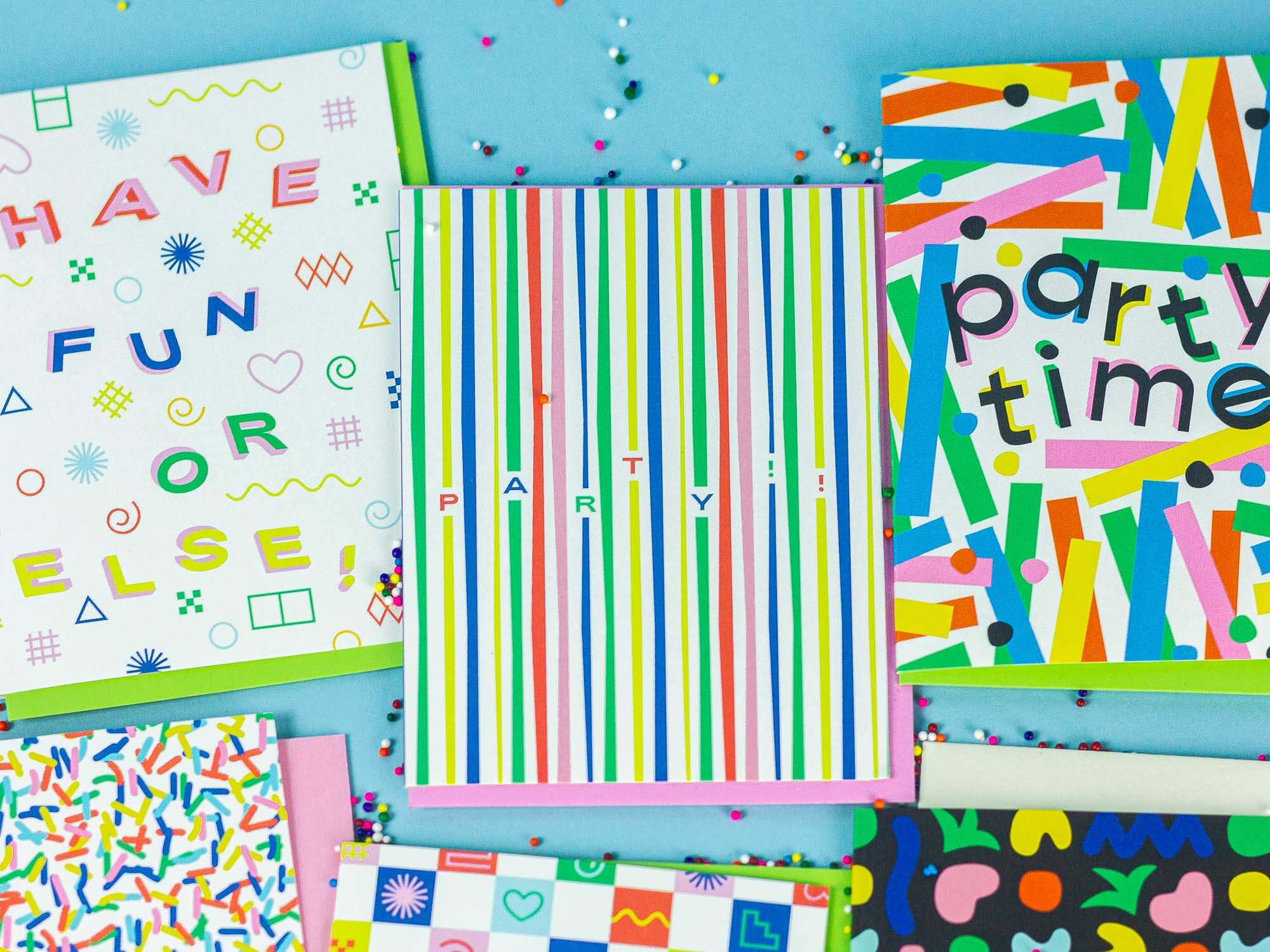 a collection of party time greeting cards on a blue background