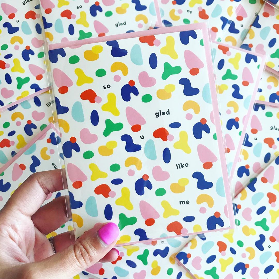 So Glad U Like Me anniversary card or valentine's day card w/ abstract shapes pattern. Made in USA by My Darlin' @mydarlin_bk