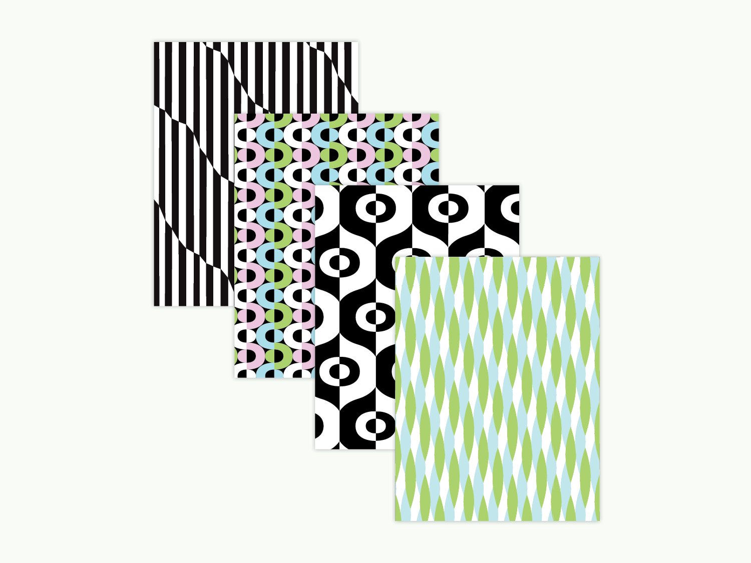 set of 8 vibrant abstract and geometric assorted blank pattern greeting cards with vaguely mod overtones. Mid-century and op art inspired designs. Made in USA by @mydarlin_bk