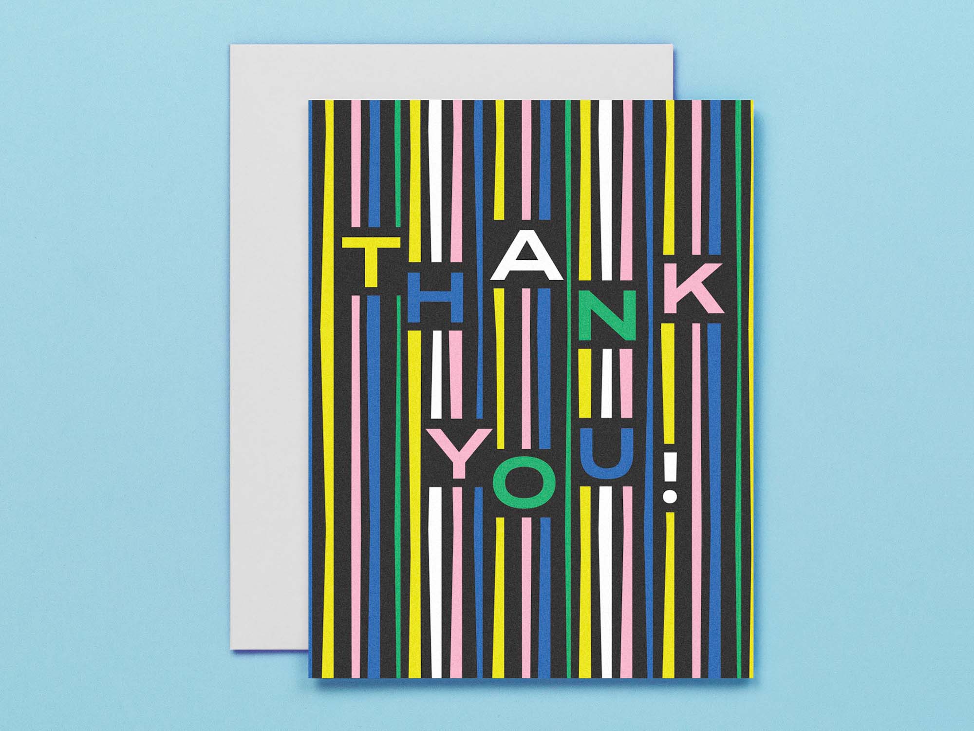 Mid-century inspired thank you card with bold typography and abstract party streamers pattern. Made in USA by @mydarlin_bk