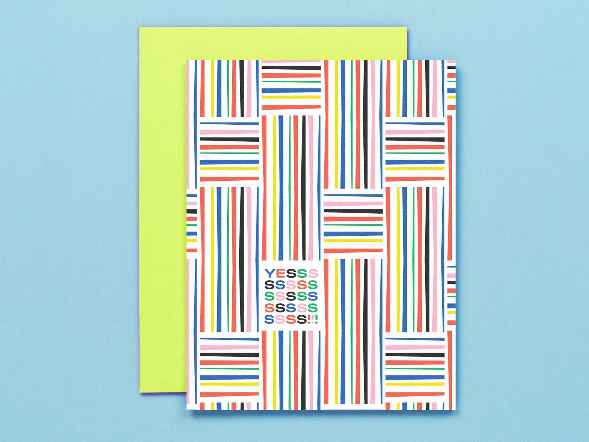 Mid-century inspired "Yessss" congrats or encouragement card with a pattern of stripes on stripes. Made in USA by @mydarlin_bk