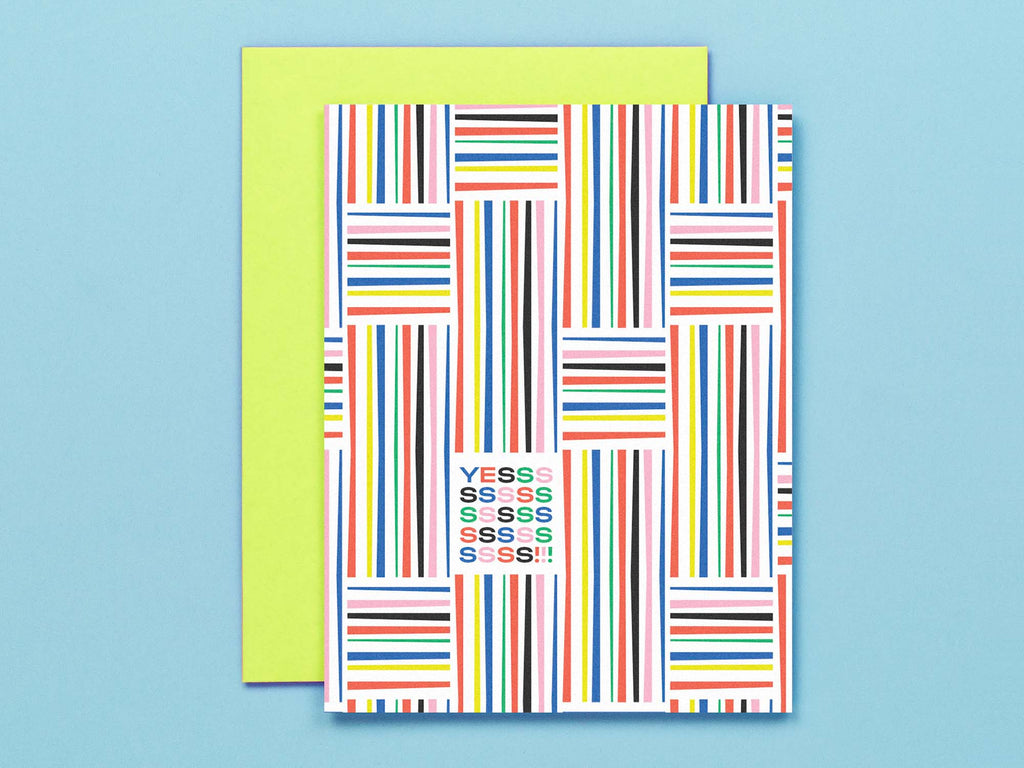 Mid-century inspired "Yessss" congrats or encouragement card with a pattern of stripes on stripes. Made in USA by @mydarlin_bk