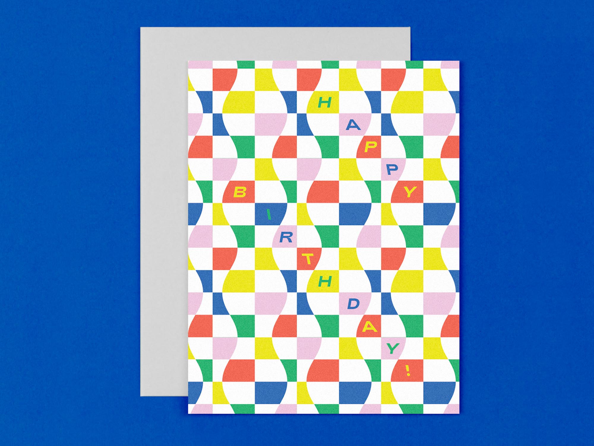 Colorful modern birthday card with wavy rainbow checkerboard pattern. Made in USA by @mydarlin_bk