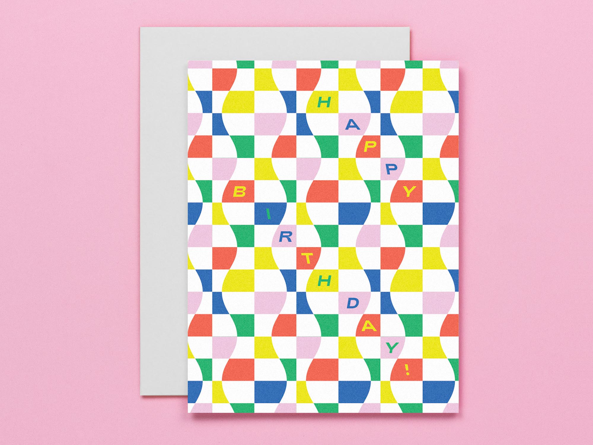 Colorful modern birthday card with wavy rainbow checkerboard pattern. Made in USA by @mydarlin_bk