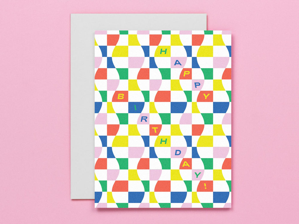 Colorful modern birthday card with wavy rainbow checkerboard pattern. Made in USA by @mydarlin_bk