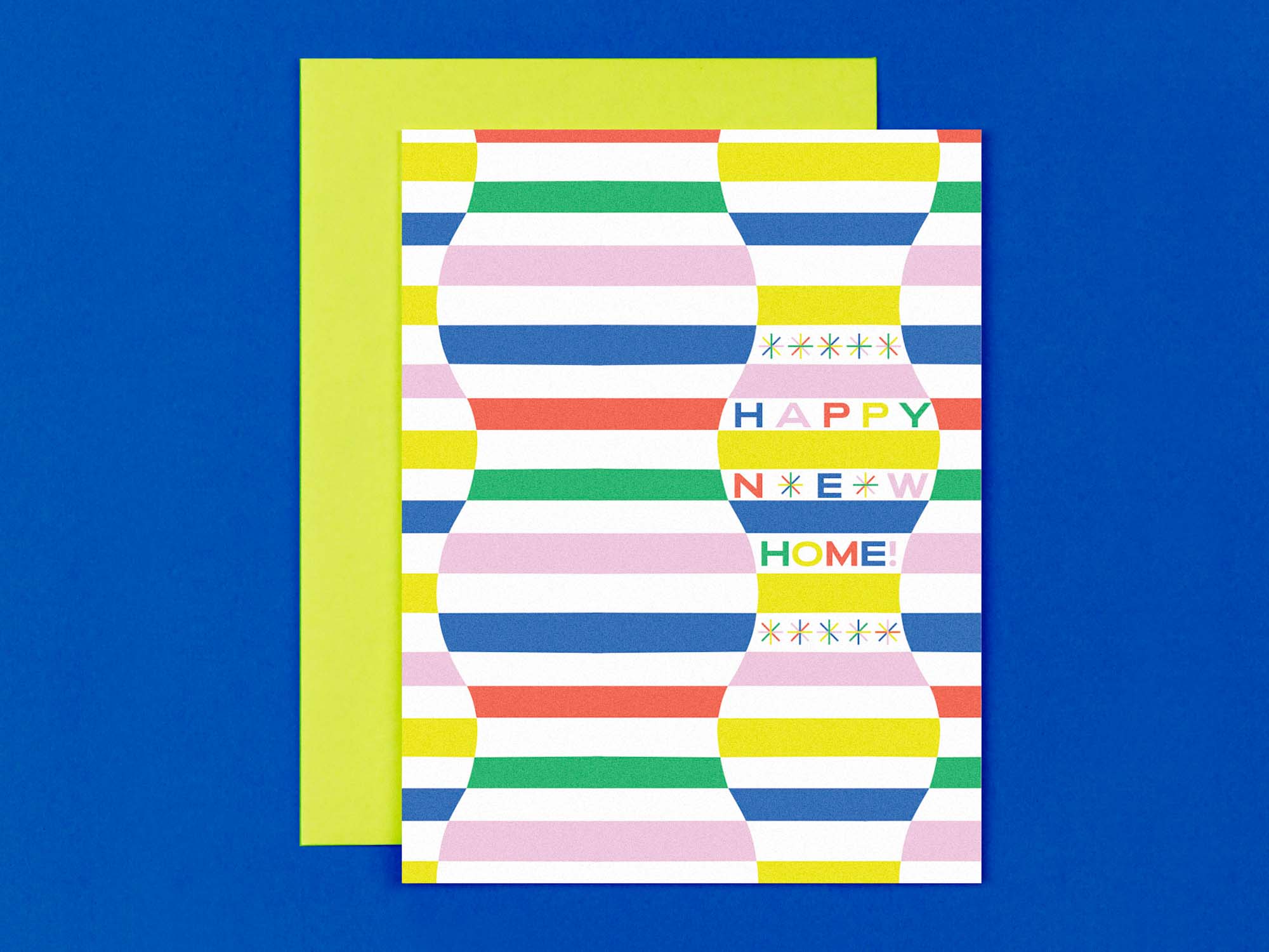 "Happy New Home" housewarming card with rainbow checker pattern. Made in USA by @mydarlin_bk