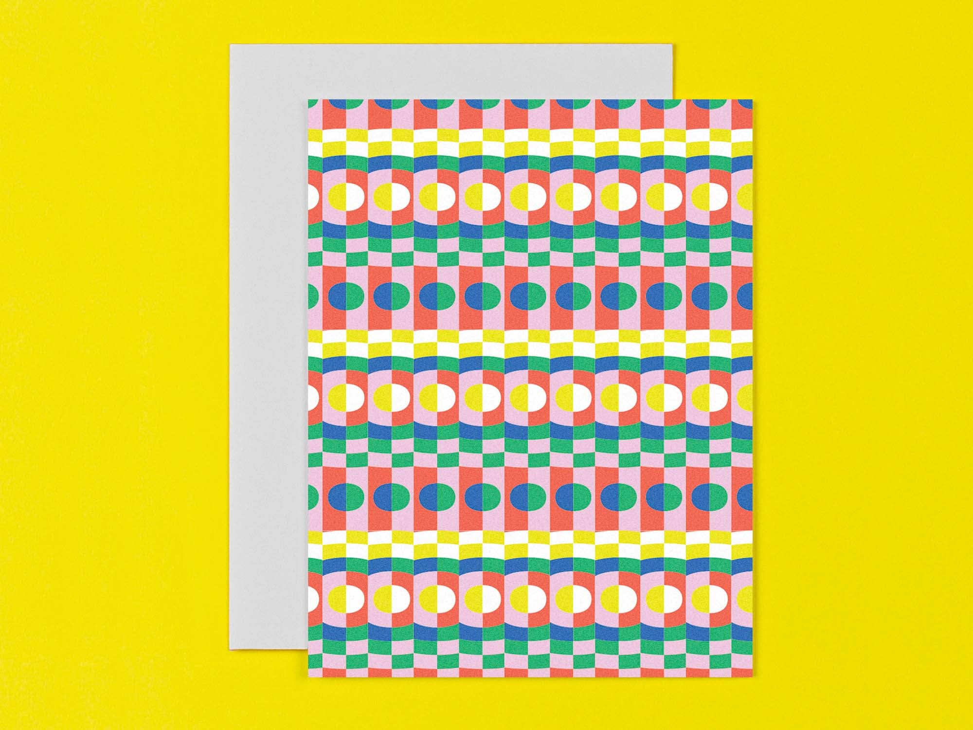 Hypnotic op art inspired multicolor dot and checker pattern blank cards for all occasions. Made in USA by @mydarlin_bk