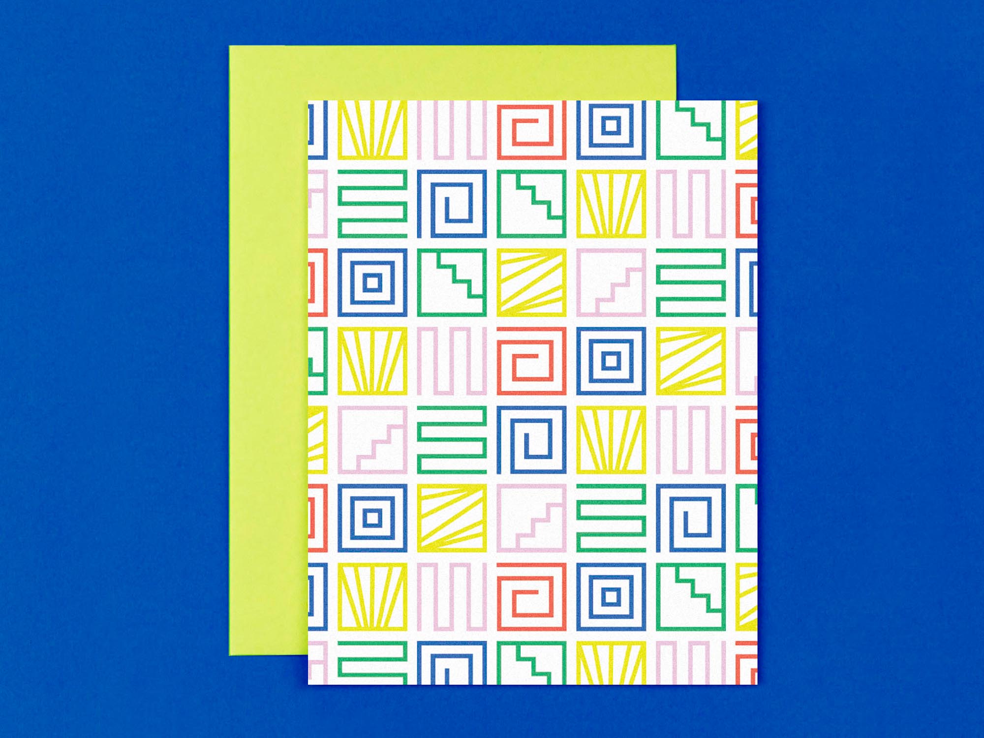 Grid of multicolor geometric and abstract line art shapes, all occasions blank pattern card. Made in USA by @mydarlin_bk