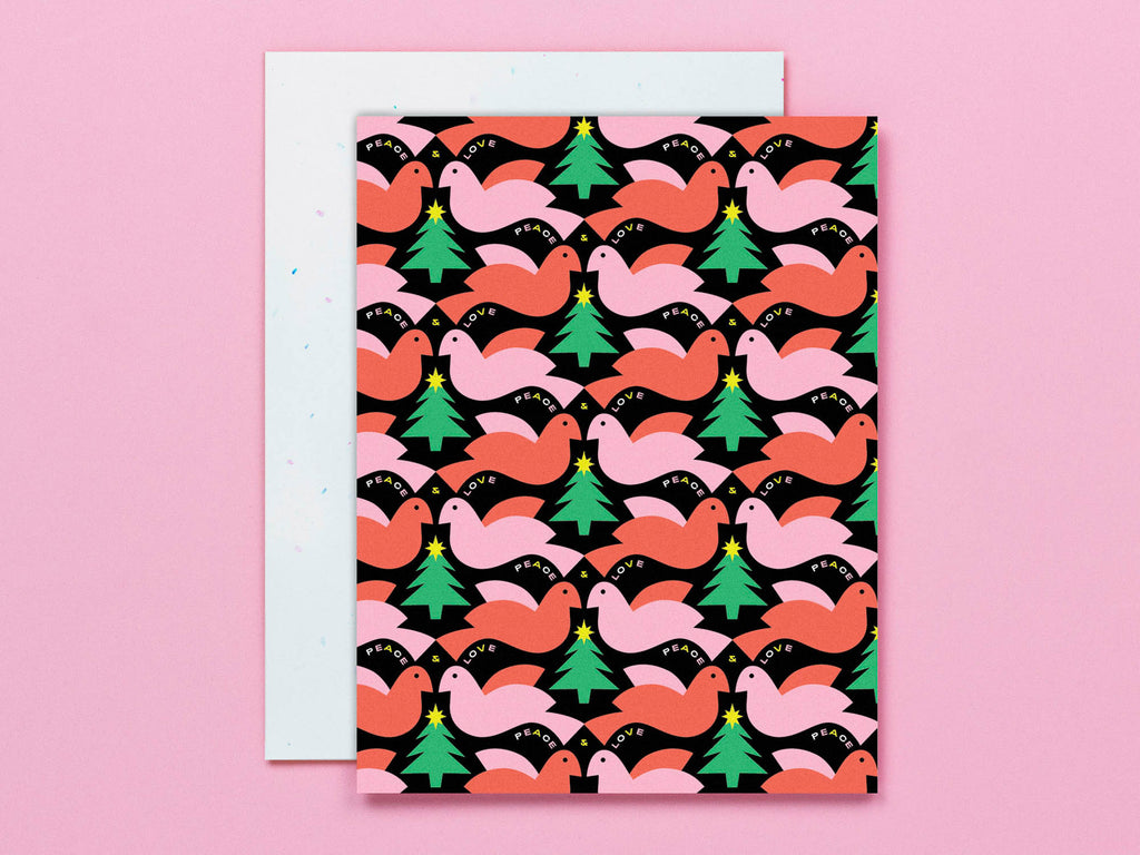 Peace and Love mid-century inspired doves and Christmas tree pattern holiday card. Made in USA by @mydarlin_bk