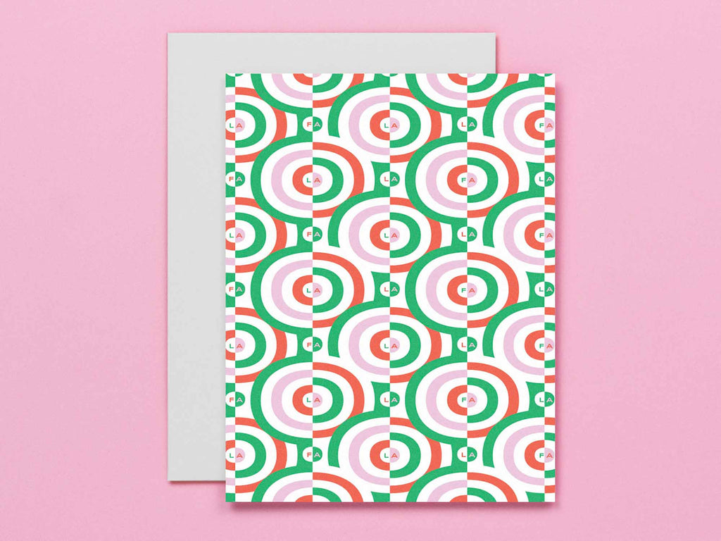 Mid-century and op art inspired pattern holiday card made up of hypnotic nested rings and nestled fa la la la las. Made in USA by @mydarlin_bk