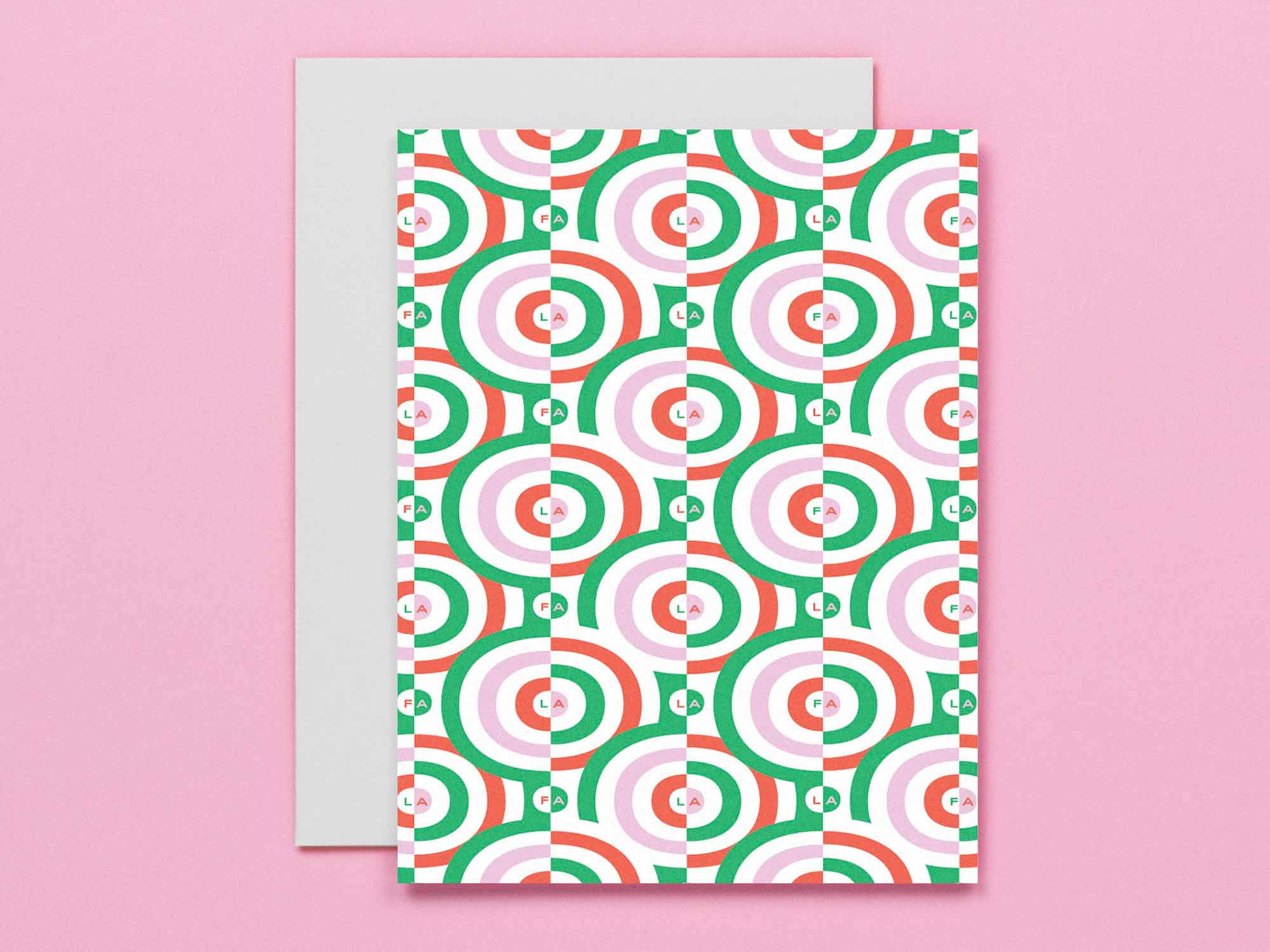 Mid-century and op art inspired pattern holiday card made up of nested rings and nestled fa la la la las. Made in USA by @mydarlin_bk