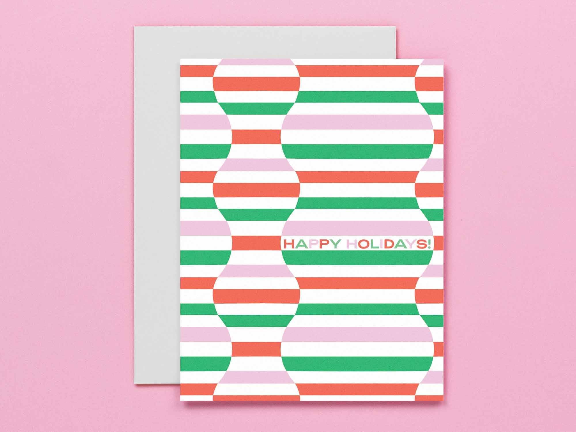 set of 8 vibrant abstract and geometric pattern holiday cards for a hypnotic holiday. Mid-century and op art inspired designs. Made in USA by @mydarlin_bk