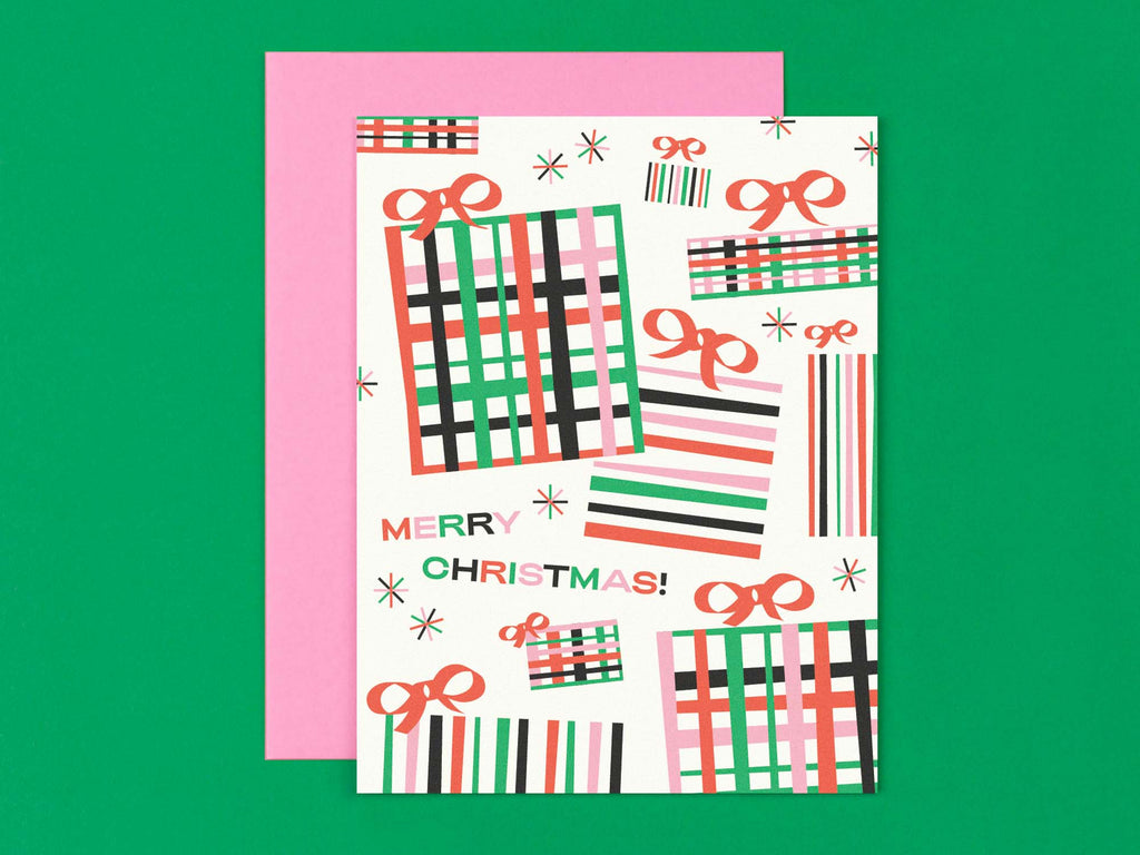 "Merry Christmas" mid-century inspired Christmas presents holiday cards with with a pile of bow-topped presents and twinkly stars. Made in USA by @mydarlin_bk