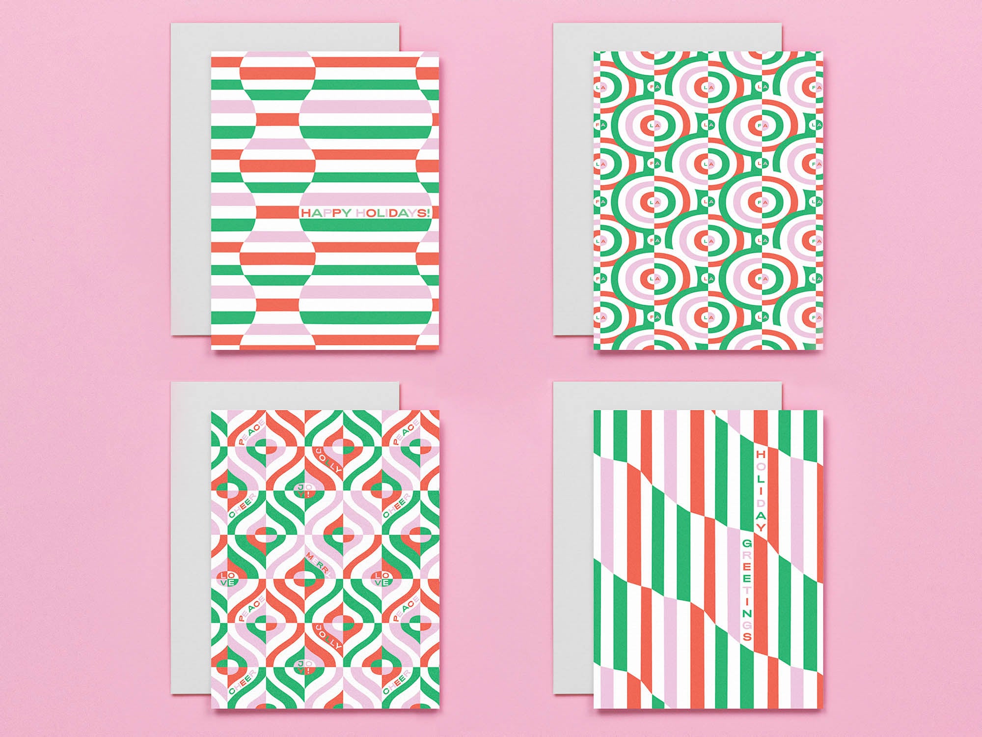 set of 8 vibrant abstract and geometric pattern holiday cards for a hypnotic holiday. Mid-century and op art inspired designs. Made in USA by @mydarlin_bk