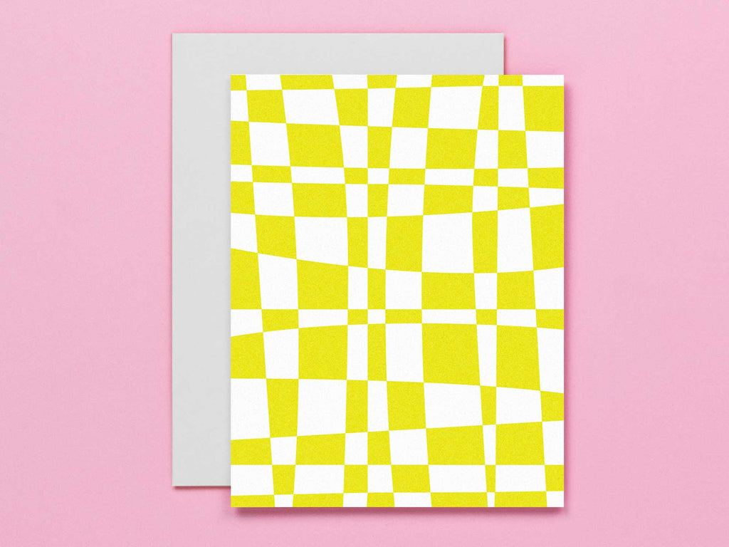 Blank pattern card with yellow mod / op art check pattern. Made in USA by My Darlin' @mydarlin_bk
