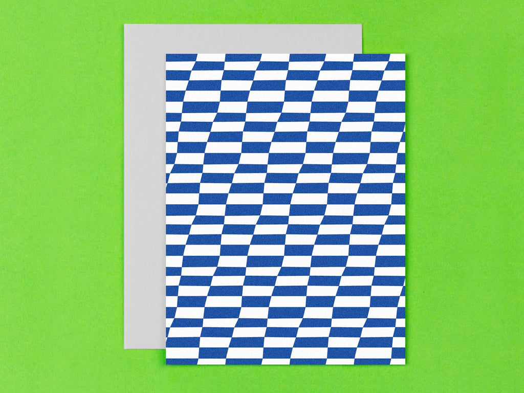 "Lean Ennui" leaning checker blank pattern cards in blue and white all occasions greeting card. Made in USA by @mydarlin_bk
