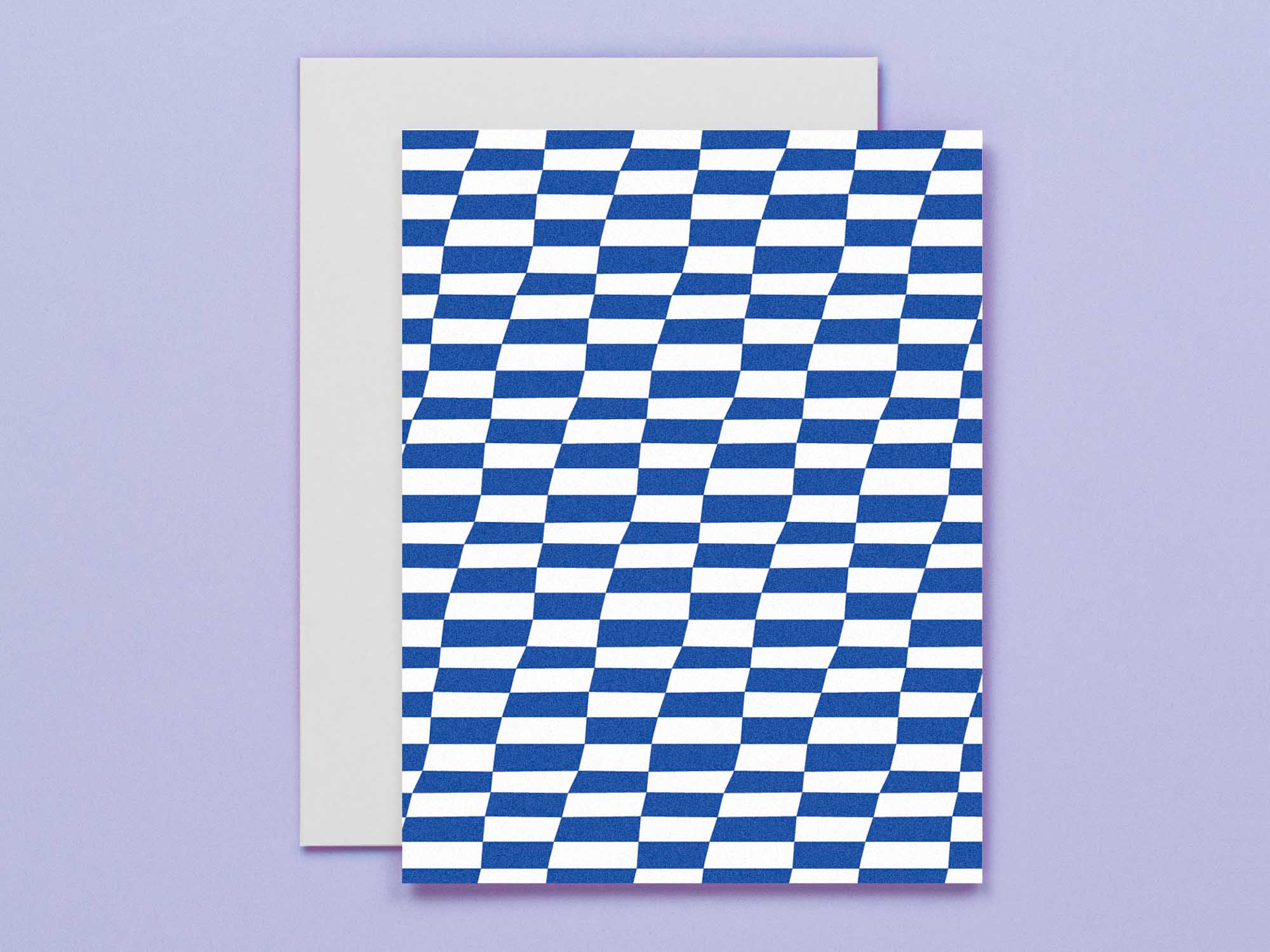 "Lean Ennui" leaning checker blank pattern cards in blue and white all occasions greeting card. Made in USA by @mydarlin_bk