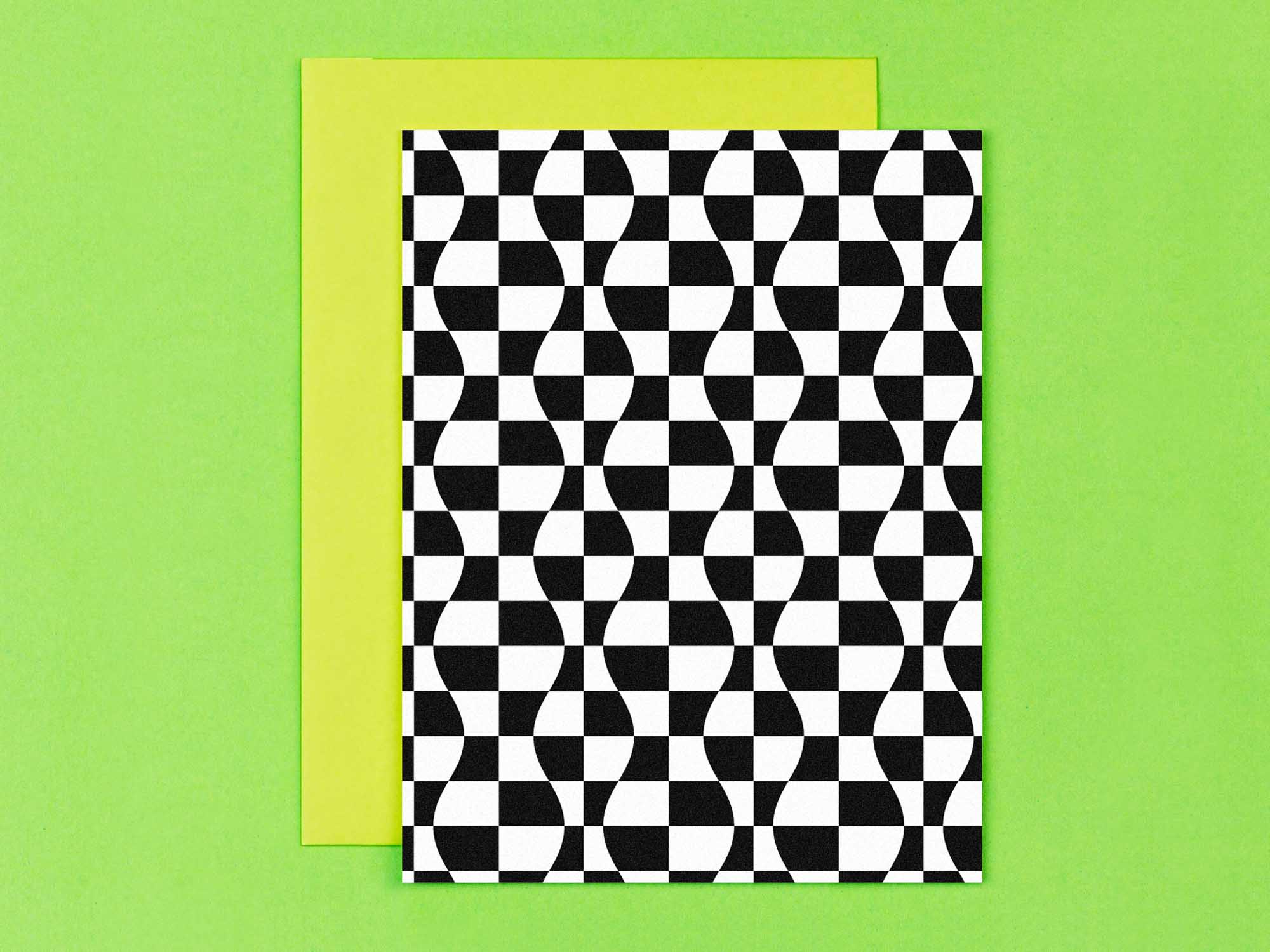 Curvy checker blank pattern cards in black and white, all occasions greeting card. Made in USA by @mydarlin_bk