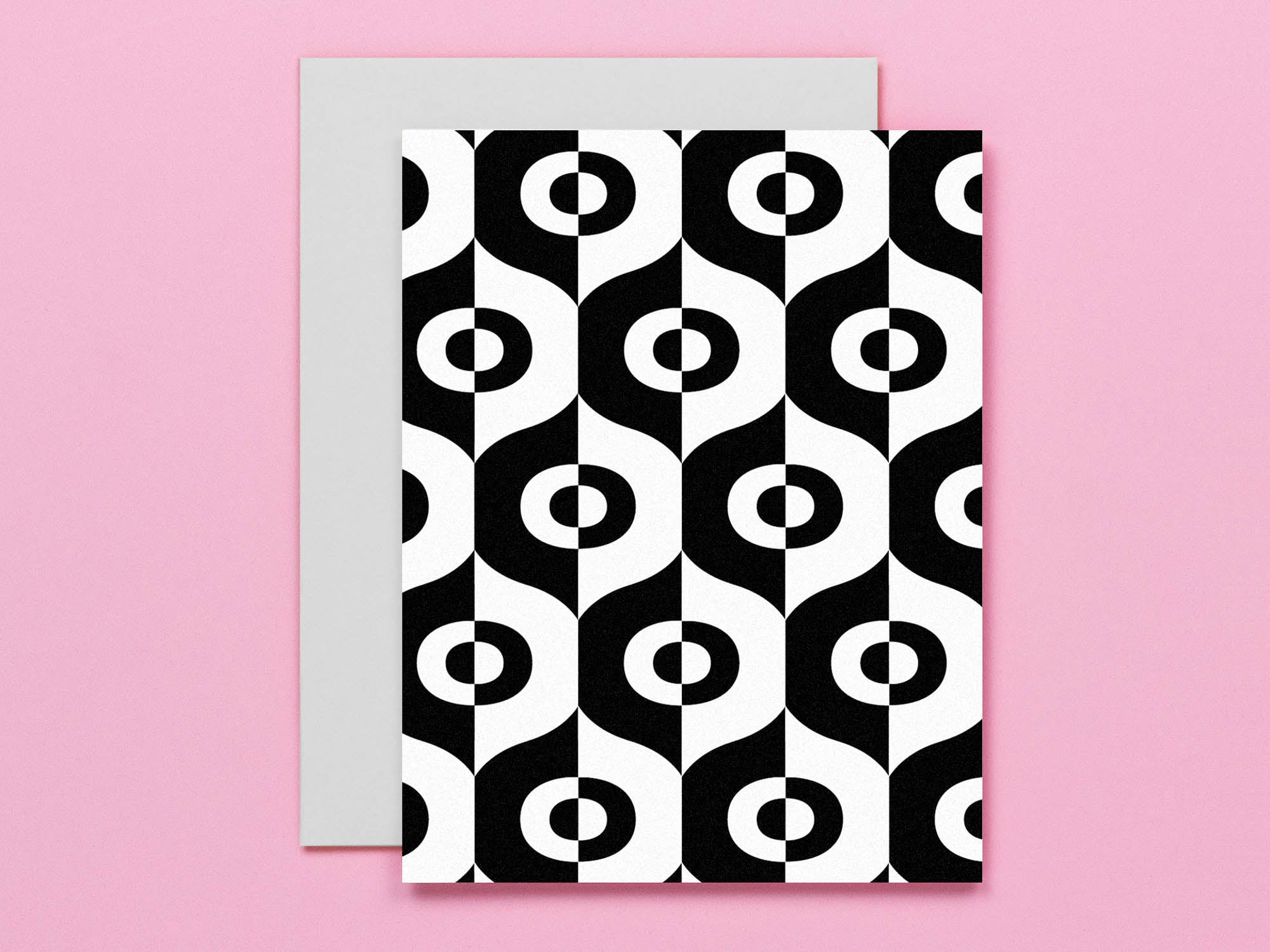 set of 8 vibrant abstract and geometric assorted blank pattern greeting cards with vaguely mod overtones. Mid-century and op art inspired designs. Made in USA by @mydarlin_bk