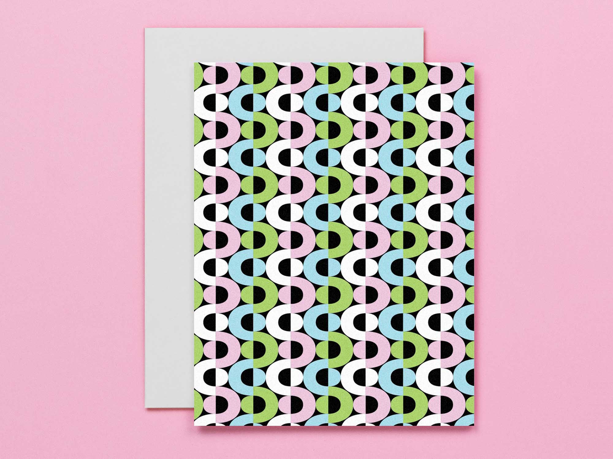 set of 8 vibrant abstract and geometric assorted blank pattern greeting cards with vaguely mod overtones. Mid-century and op art inspired designs. Made in USA by @mydarlin_bk