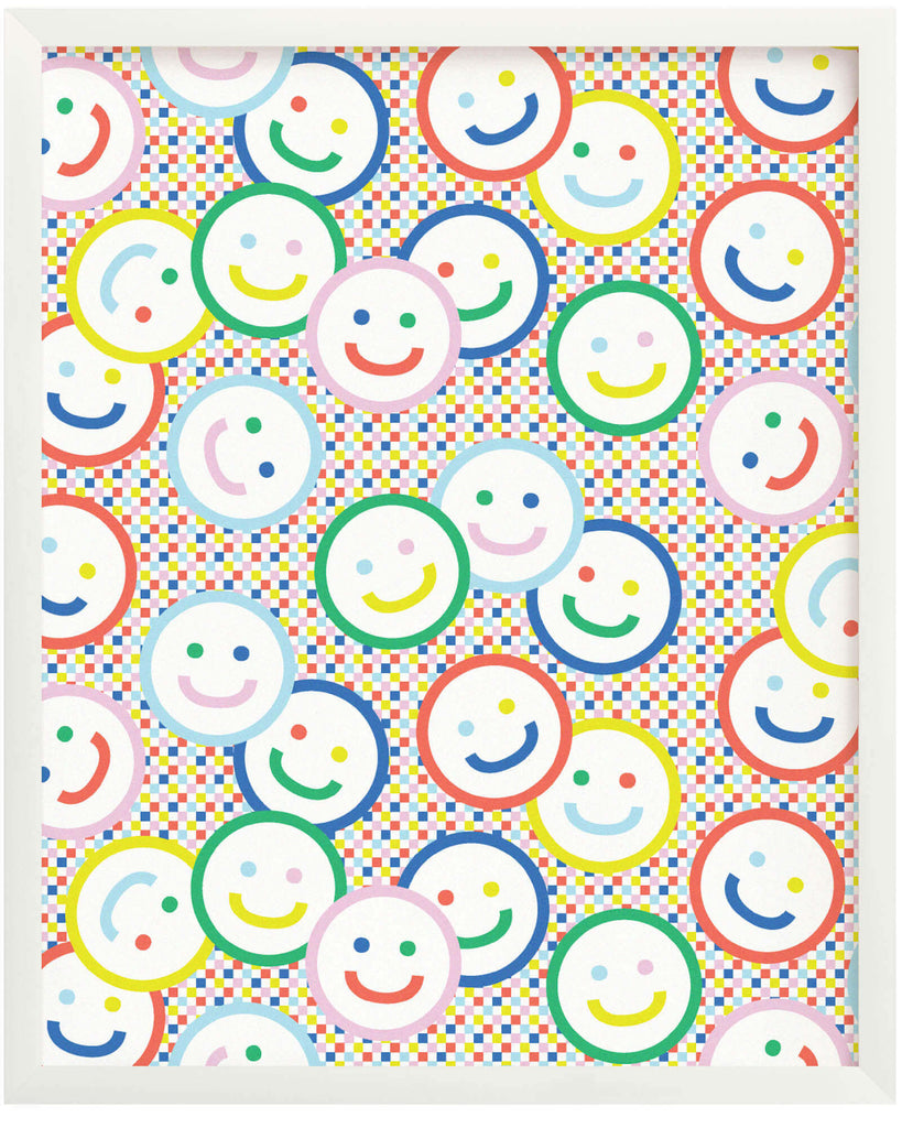 "Check Yr Smile" archival giclée art print with smiley face pattern against a rainbow checker background. Made in USA by My Darlin' @mydarlin_bk