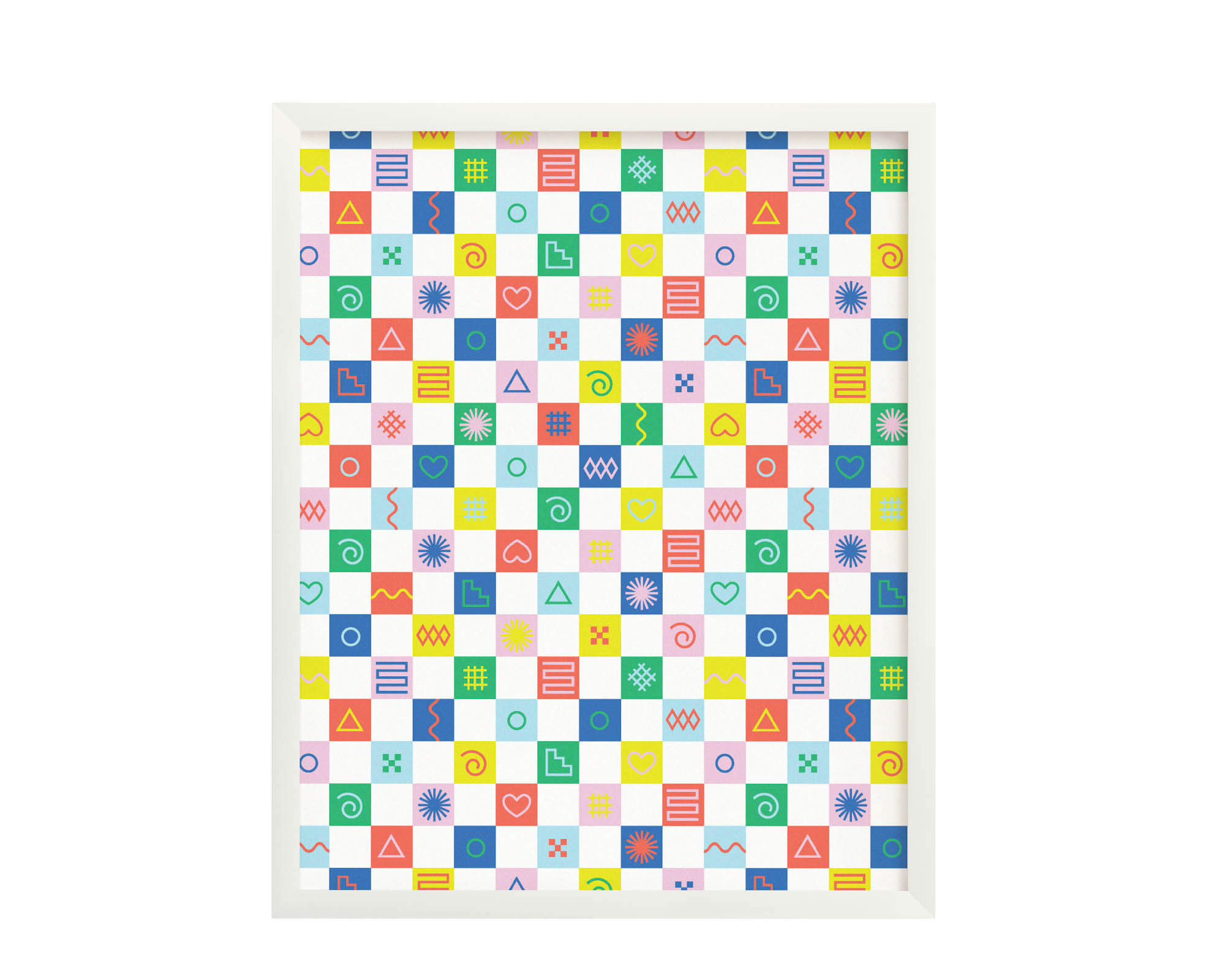 "Get In Shape" archival giclée art print with colorful, graphic line art shapes overlayed on top of a rainbow checkerboard pattern. Made in USA by My Darlin' @mydarlin_bk