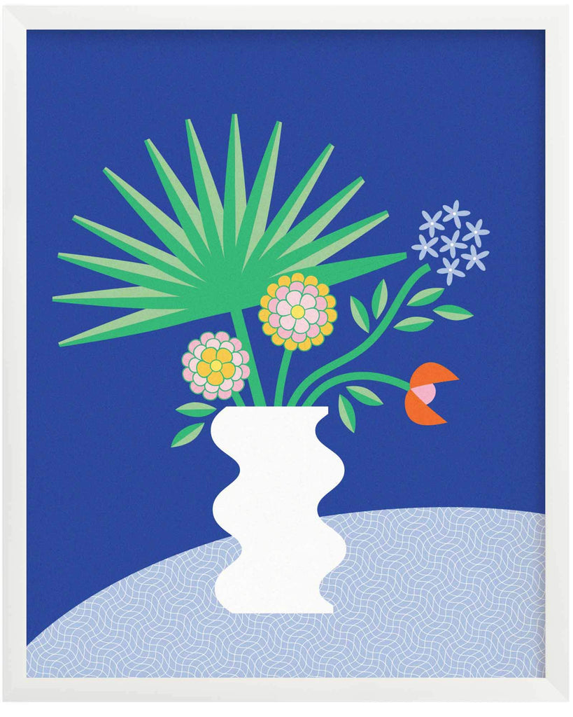 "Home Chic Home" contemporary wavy vase illustration with unusual tropical flowers and foliage. Graphic, bold blue flower poster with vaguely mid-century inspired art and a nod to Palms Springs. Made in USA by My Darlin' @mydarlin_bk