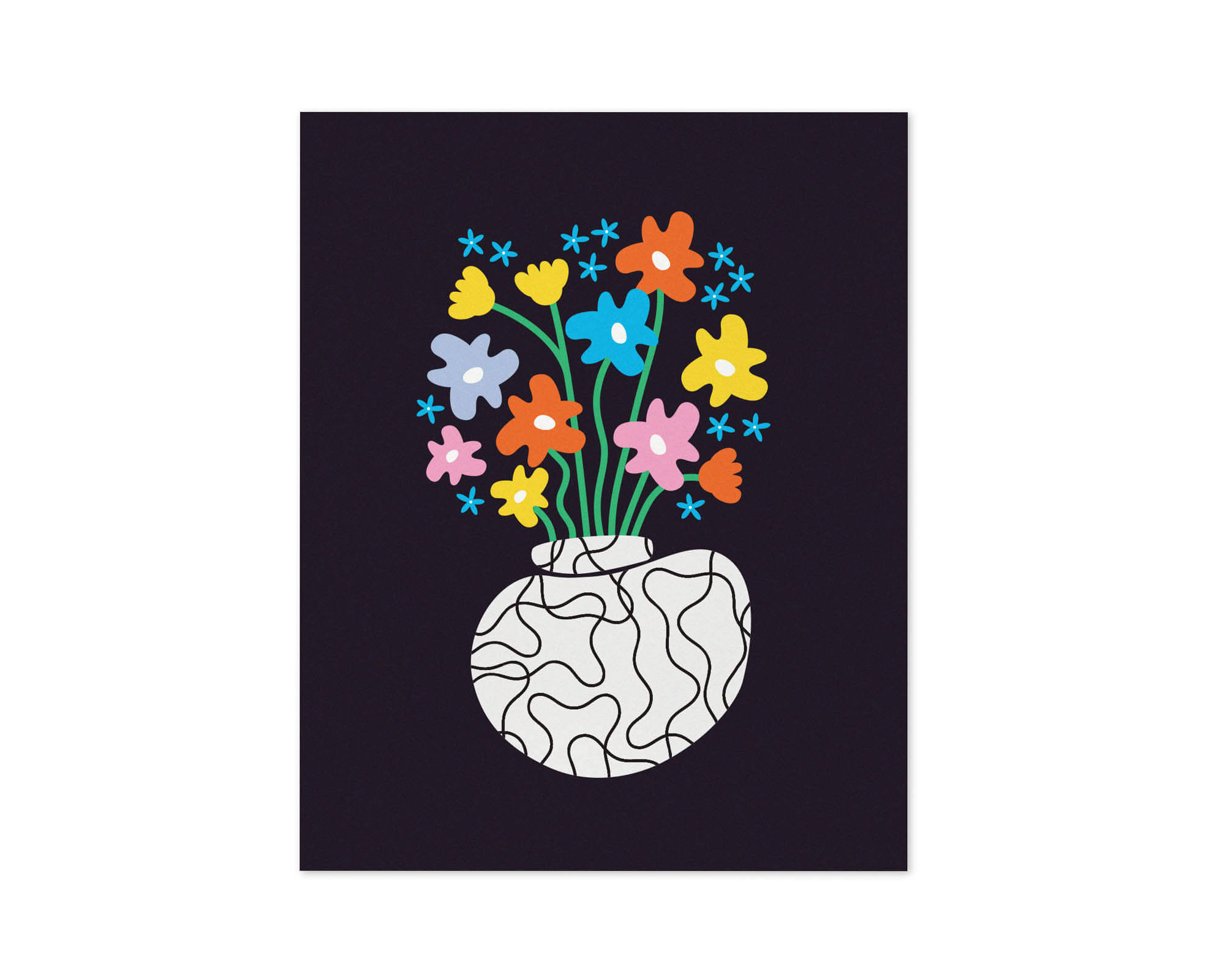 Modern vase illustration with black and white squiggly pattern filled vase with colorful squiggly flowers. Big bold colorful flower poster with vaguely mid-century inspired art. Made in USA by My Darlin' @mydarlin_bk