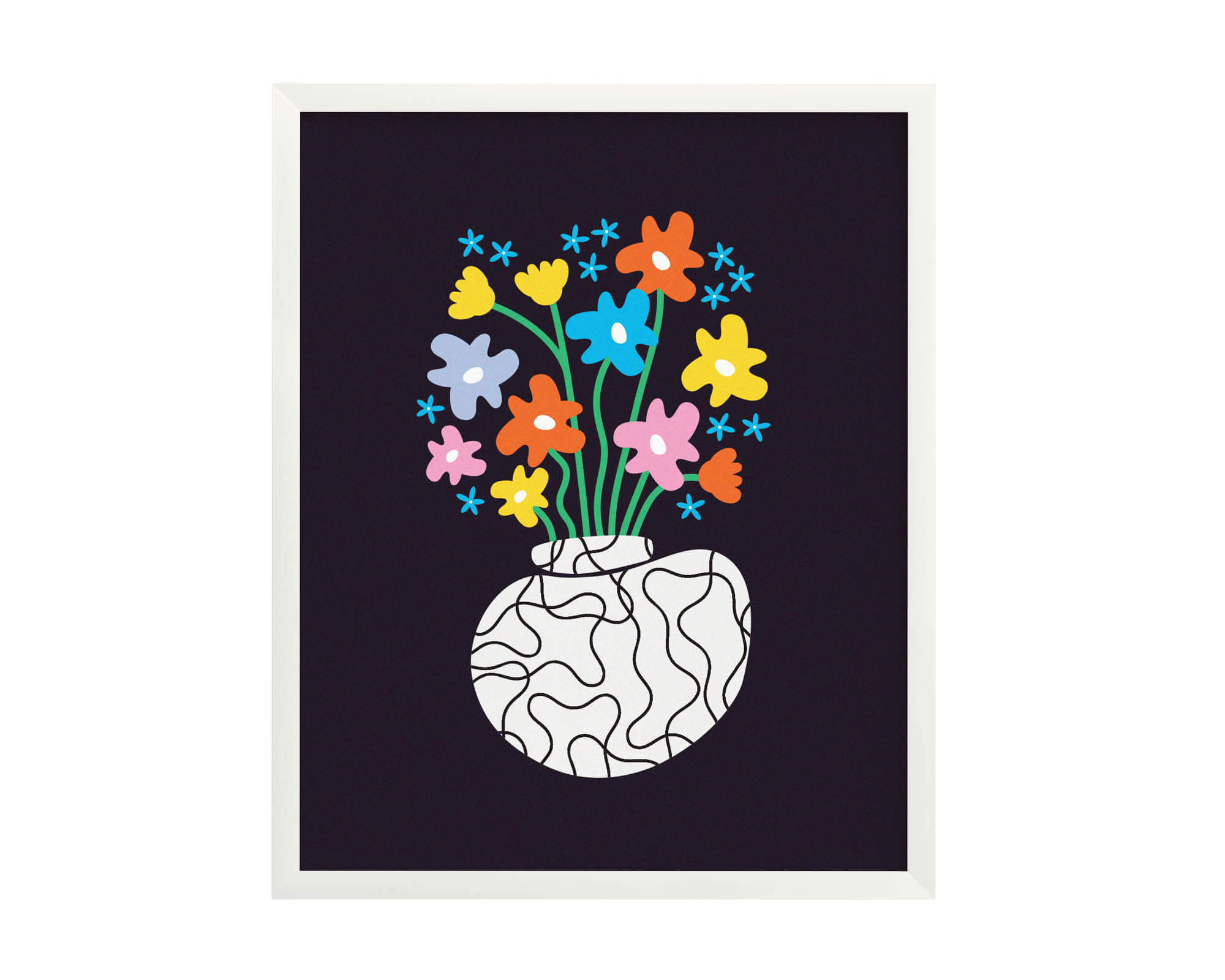 Modern vase illustration with black and white squiggly pattern filled vase with colorful squiggly flowers. Big bold colorful flower poster with vaguely mid-century inspired art. Made in USA by My Darlin' @mydarlin_bk