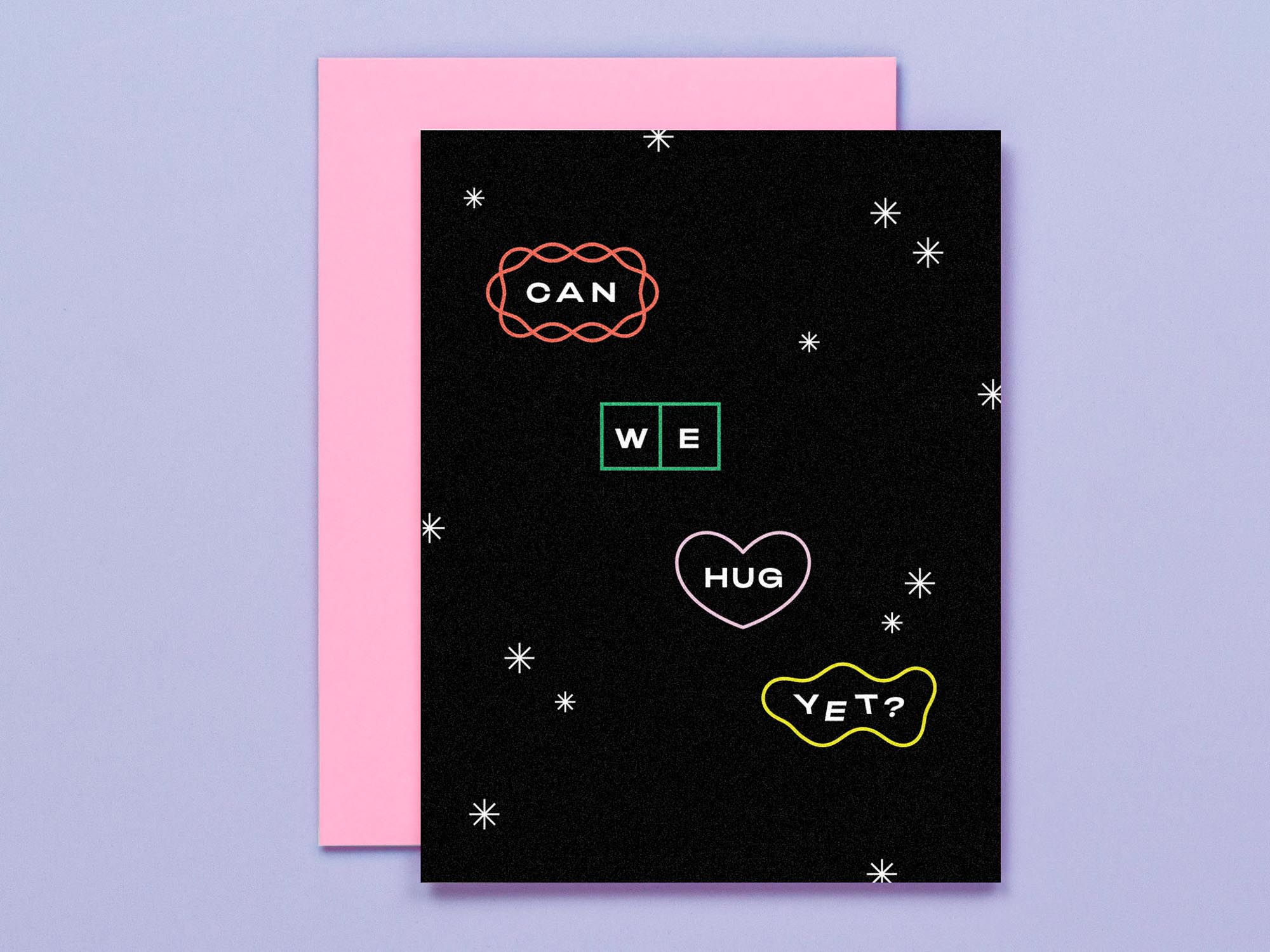 "Can We Hug Yet?" miss you pandemic card with abstract geometric midcentury design. Made in USA by @mydarlin_bk