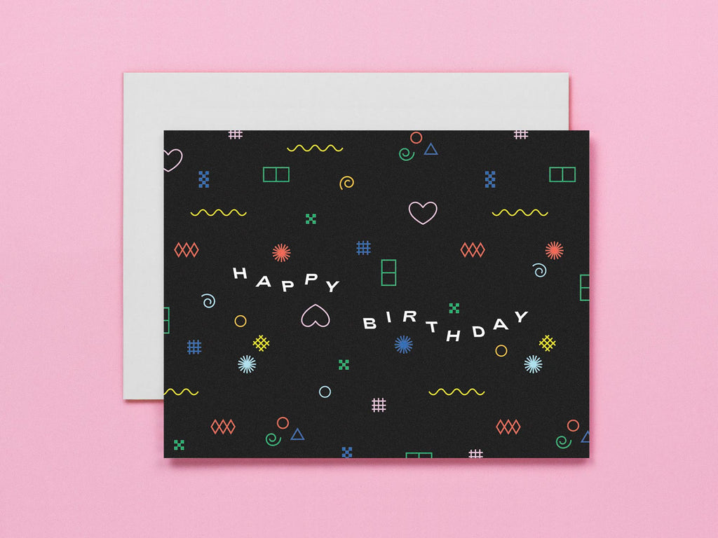 Happy Birthday card with abstract neon light pattern and oscillating typography. Made in USA by @mydarlin_bk