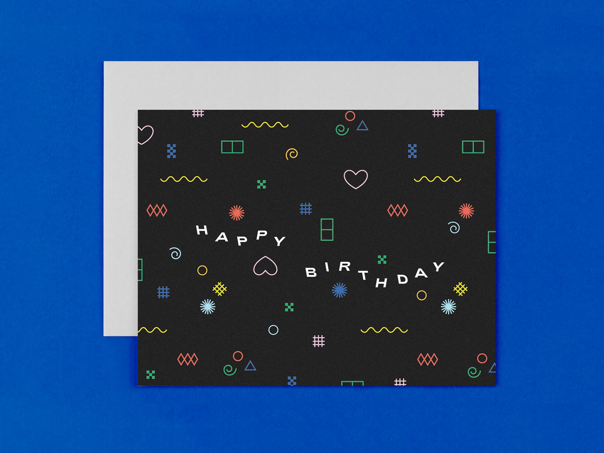 Happy Birthday card with abstract neon light pattern and oscillating typography. Made in USA by @mydarlin_bk