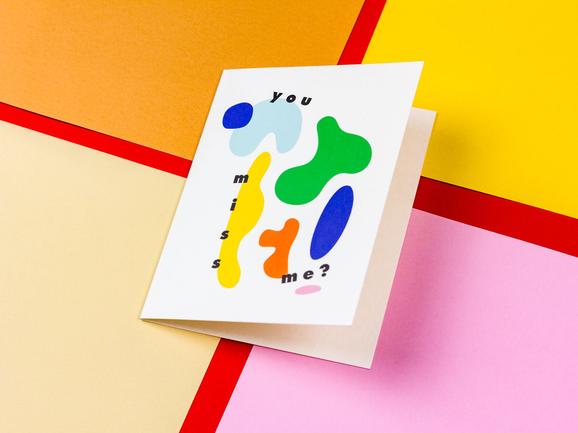 Thinking of you card with colorful abstract shapes by My Darlin' that reads You Miss Me? @mydarlin_bk