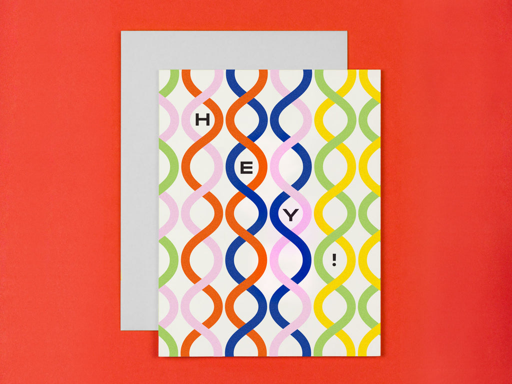 Hey Hello card with colorful graphic spiral pattern. Made in USA by My Darlin' @mydarlin_bk