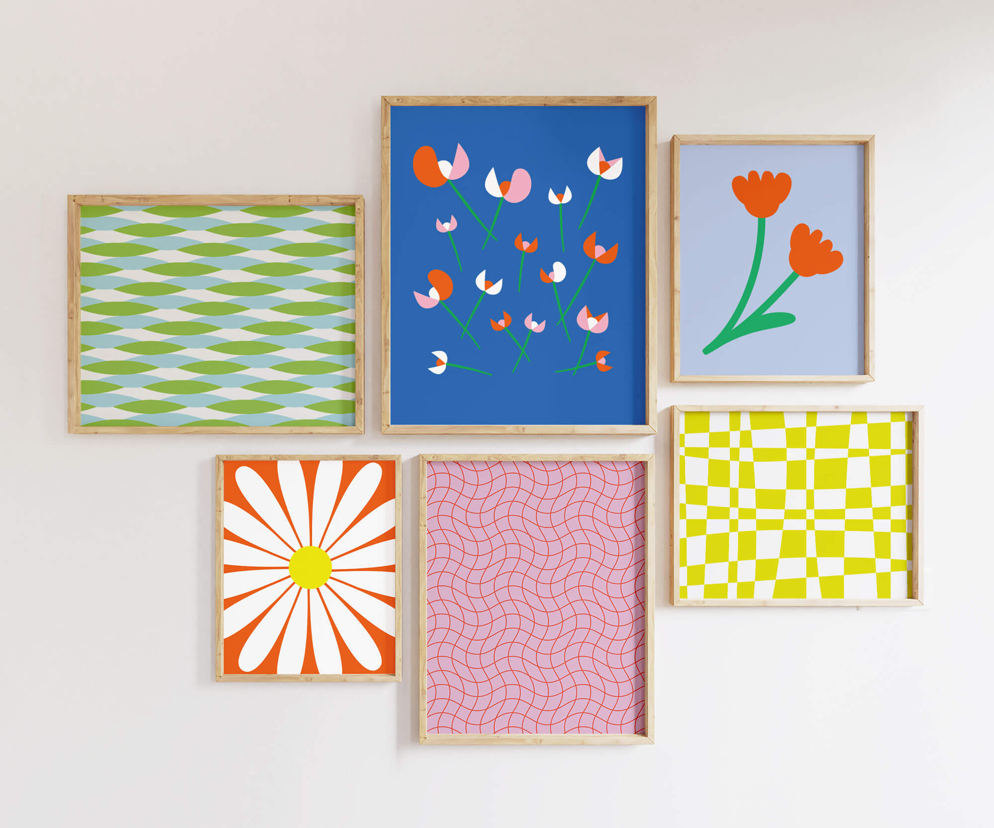 Gallery wall of colorful contemporary art prints of floral, abstract, checker and grid pattern art prints. Graphic, bold, vaguely mid-century inspired art. Made in USA by My Darlin' @mydarlin_bk