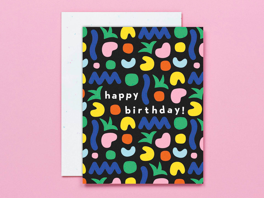 Blobs in Paradise: a modern birthday card with a colorful, abstract, blobby shape pattern and a touch of tropical vibes. Made in USA by @mydarlin_bk