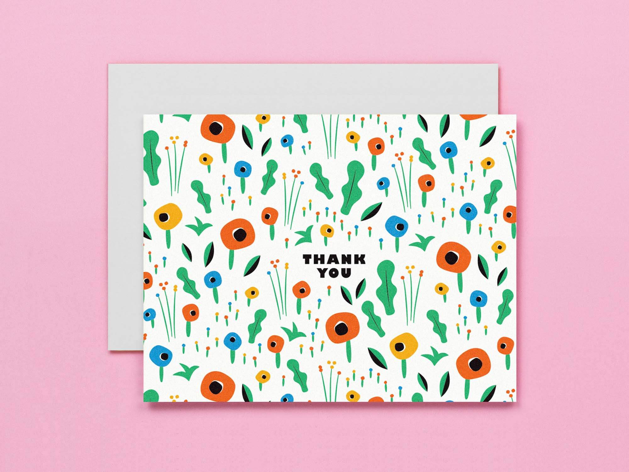 Field of poppies floral pattern thank you card with vaguely mid-century inspired illustration. Made in USA by My Darlin' @mydarlin_bk