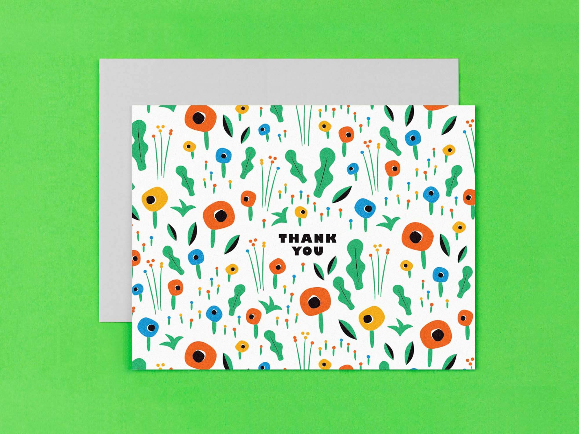 Field of poppies floral pattern thank you card with vaguely mid-century inspired illustration. Made in USA by My Darlin' @mydarlin_bk