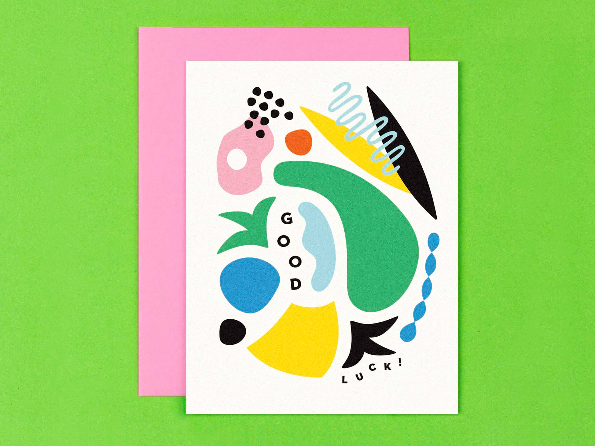 Modern good luck card with colorful, abstract, shapes. Made in USA by @mydarlin_bk.