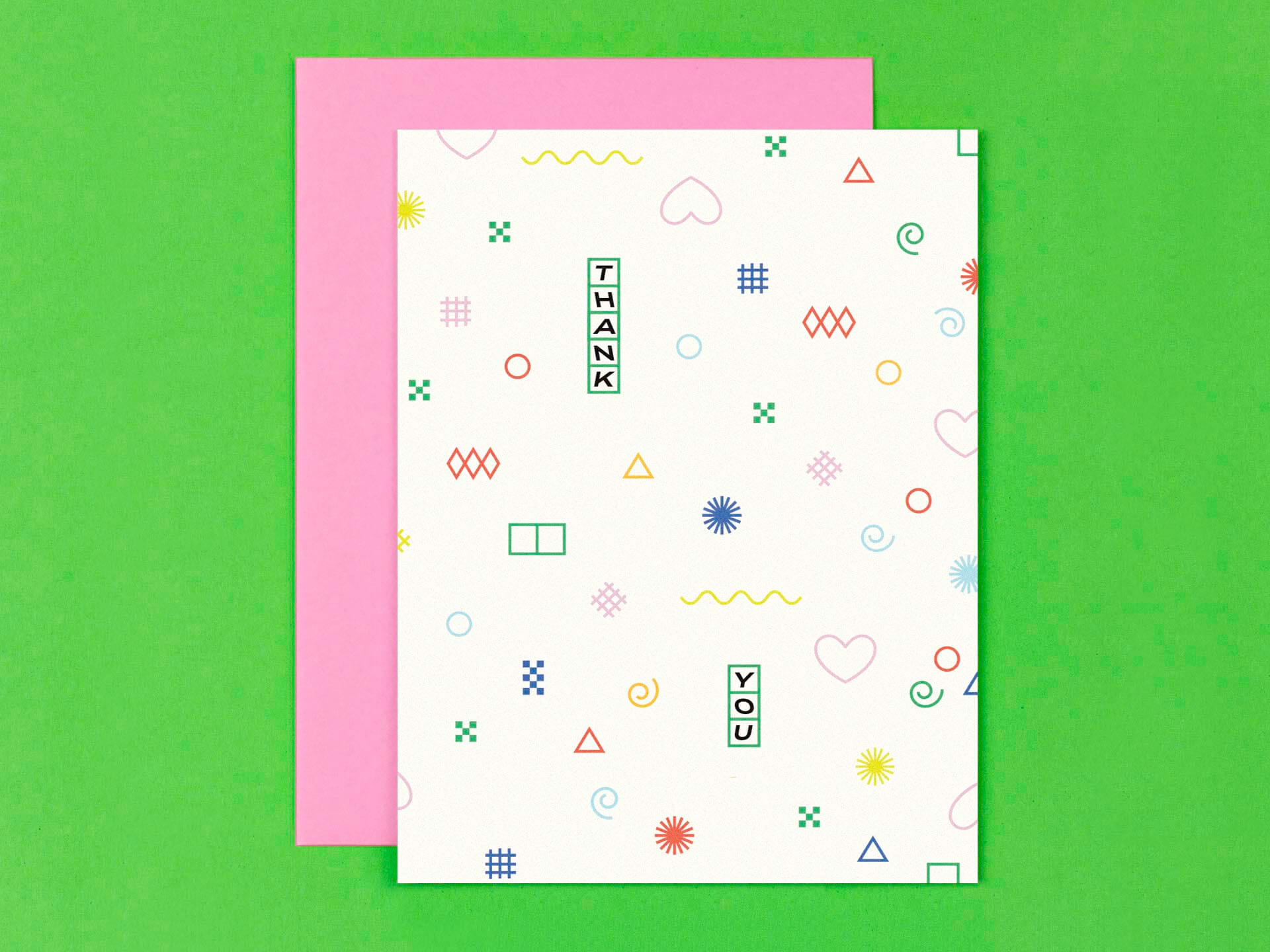 Abstract and geometric shape pattern thank you card with oscillating typography. Made in USA by My Darlin' @mydarlin_bk
