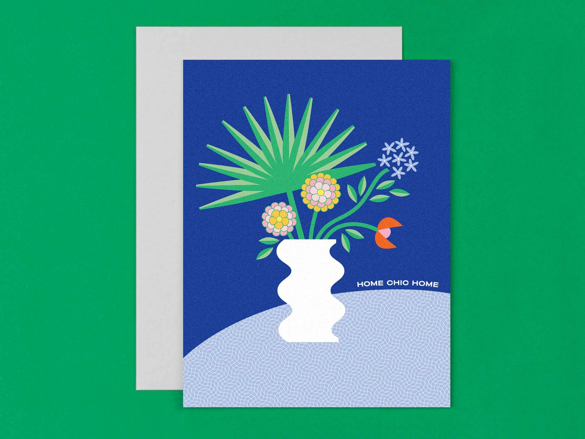 "Home Chic Home" housewarming card for your friends with a new house full of objet d'art and a penchant for Palm Springs. Vaguely Memphis-inspired design with wavy tropical flower vase and wavy grid pattern table. Made in USA by My Darlin' @mydarlin_bk