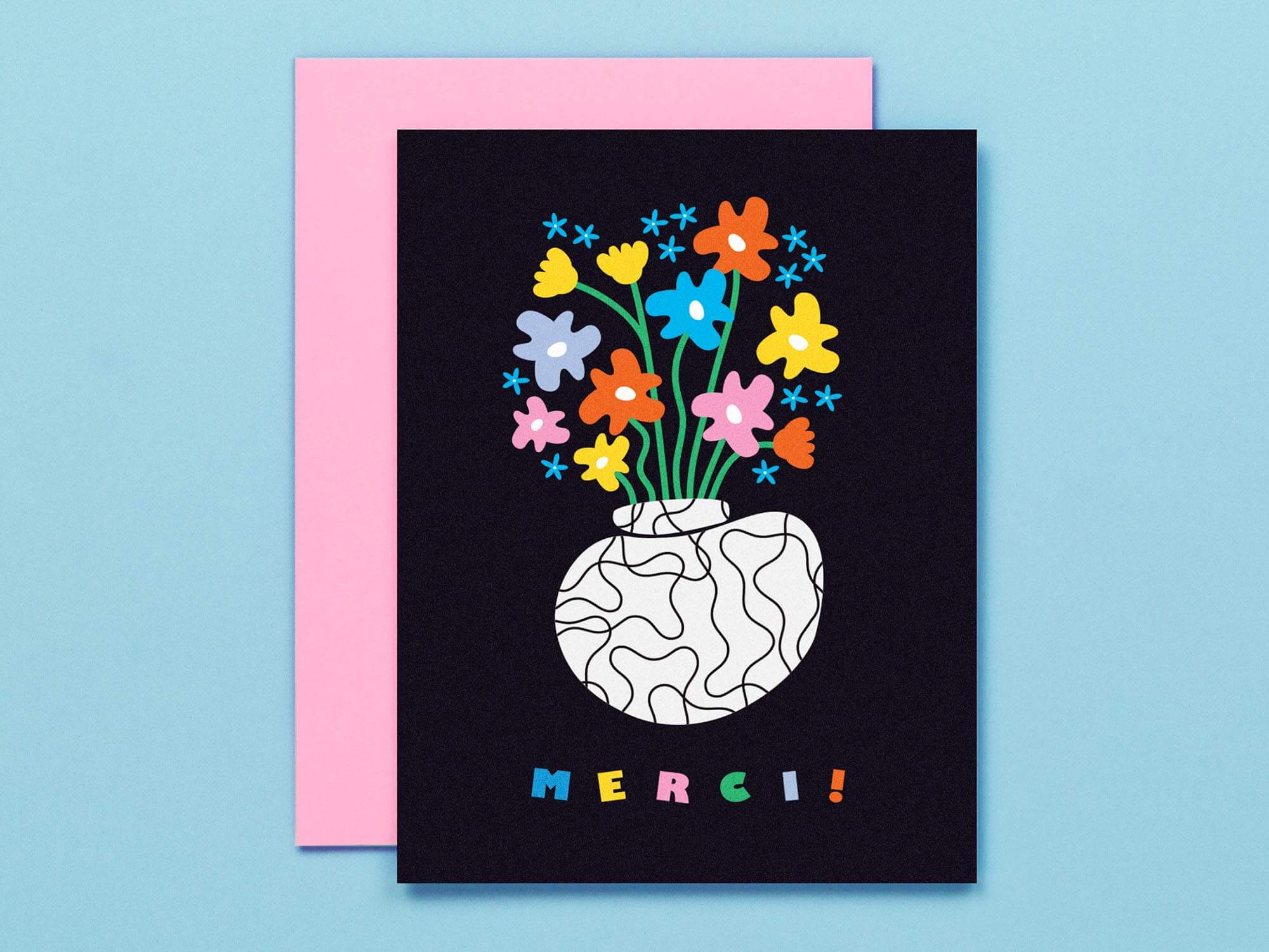 Bold colorful floral Merci thank you card. Modern vase illustration with squiggly pattern filled with squiggly flowers. Vaguely mid-century inspired art. Made in USA by My Darlin' @mydarlin_bk